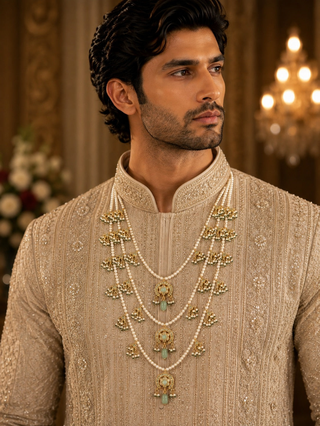 Three-Layered Pearl & Kundan Groom Mala
