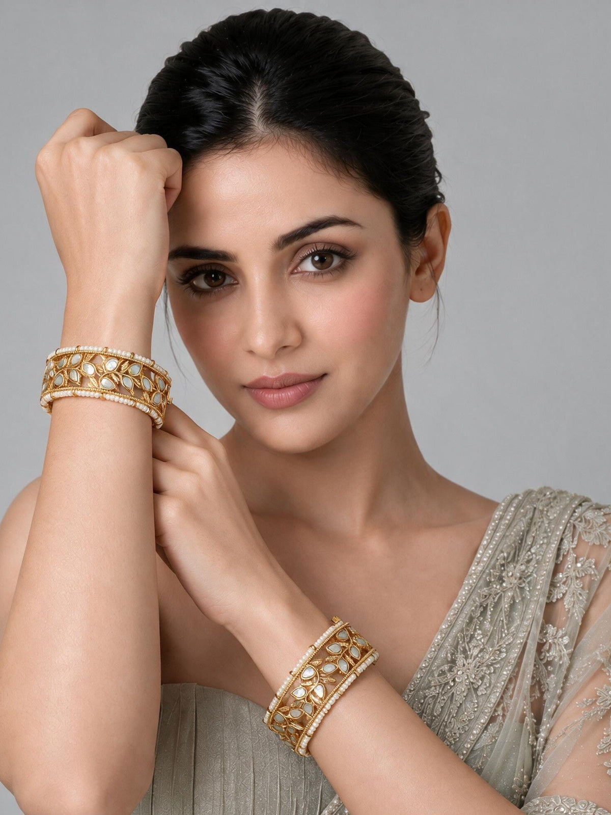 Kundan Pearl Leaf Statement Bangles