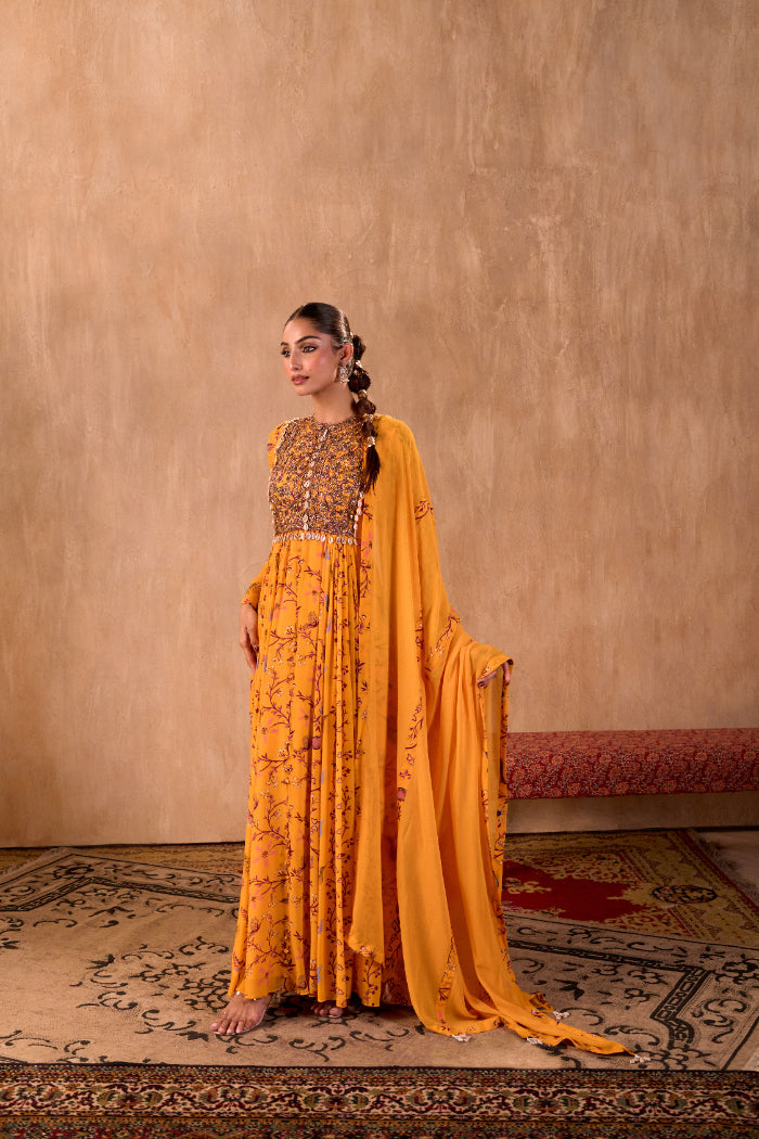 YELLOW PRINT EMBROIDERED ANARKALI AND DUPATTA SET - image 1