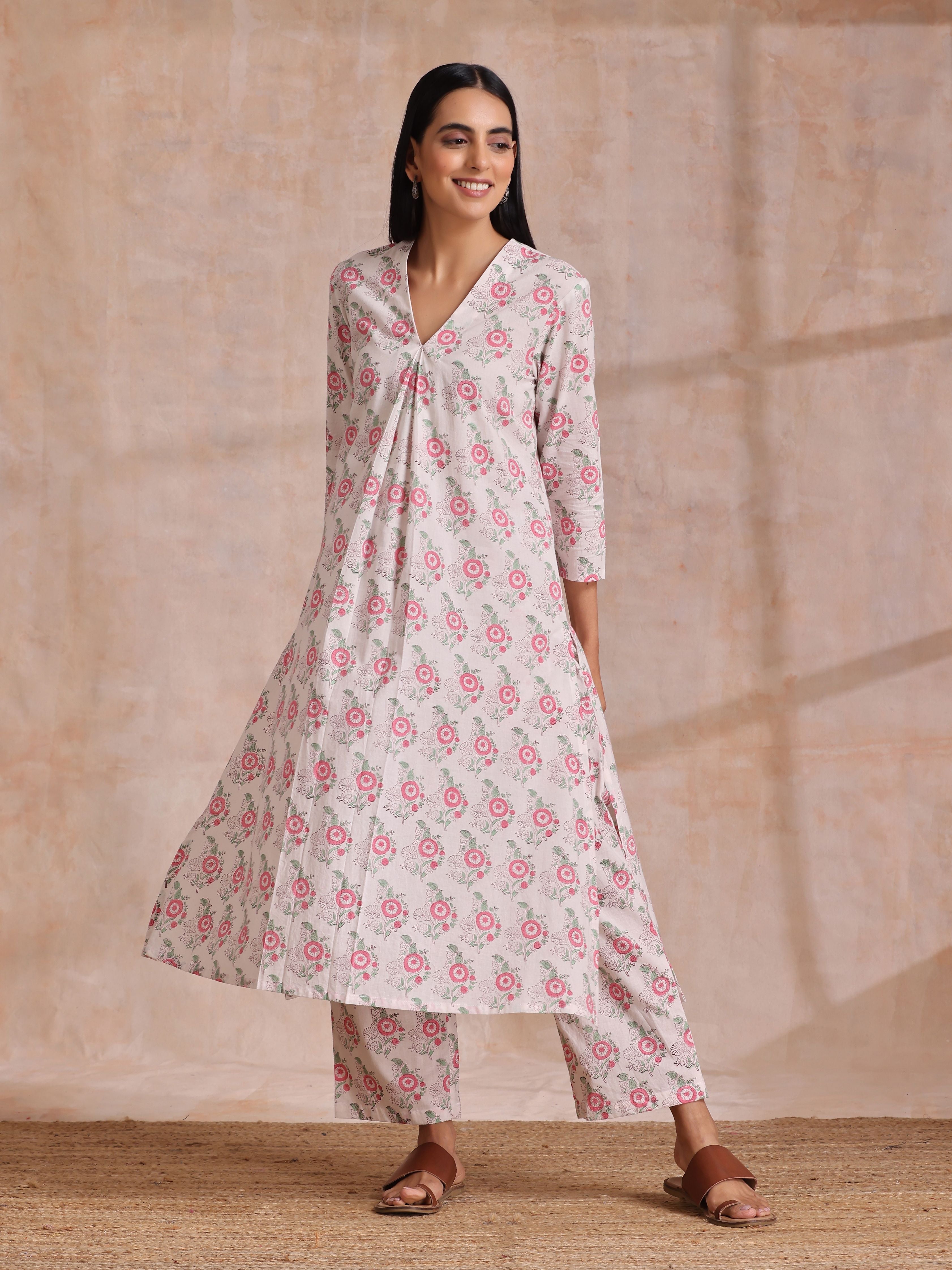 Pink Green Buta On White Block Print Cotton Slit Kurta Pant Set