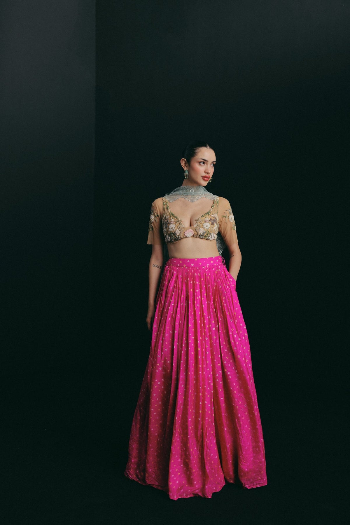 Shell Motif Embroidery, Stretch Tulle & Handwoven Silk Bandhini, Skirt Set, Underwired Blouse Silhouette