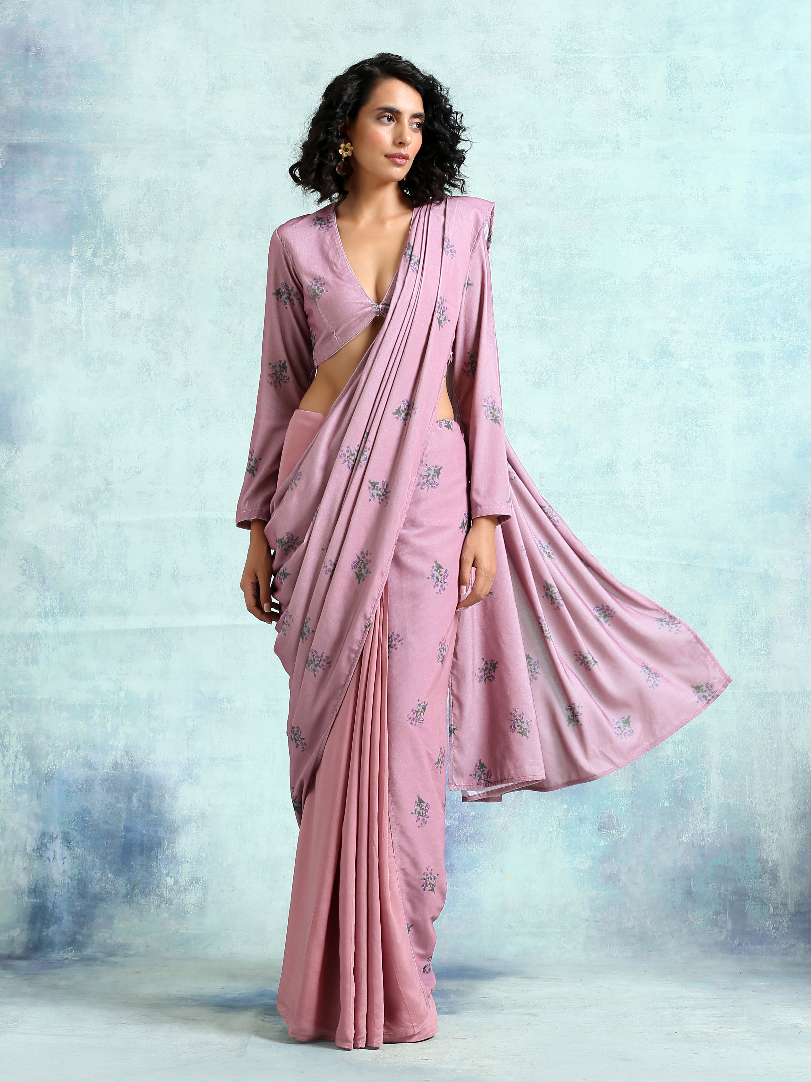 Light Mauve Printed Velvet Ready To Wear Saree