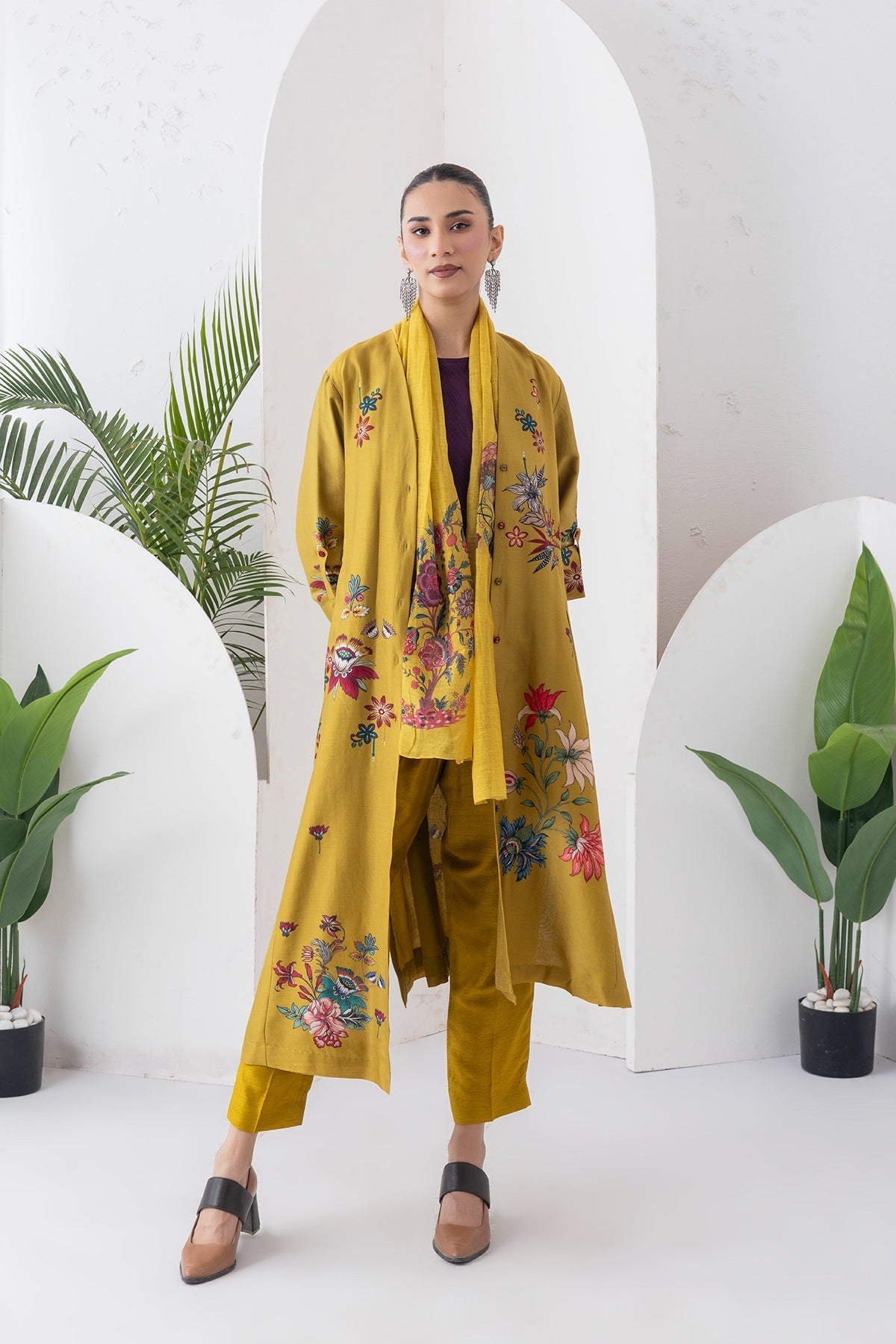 Mustard Silk Chanderi Printed High-Low Dress Set (3 PCS)