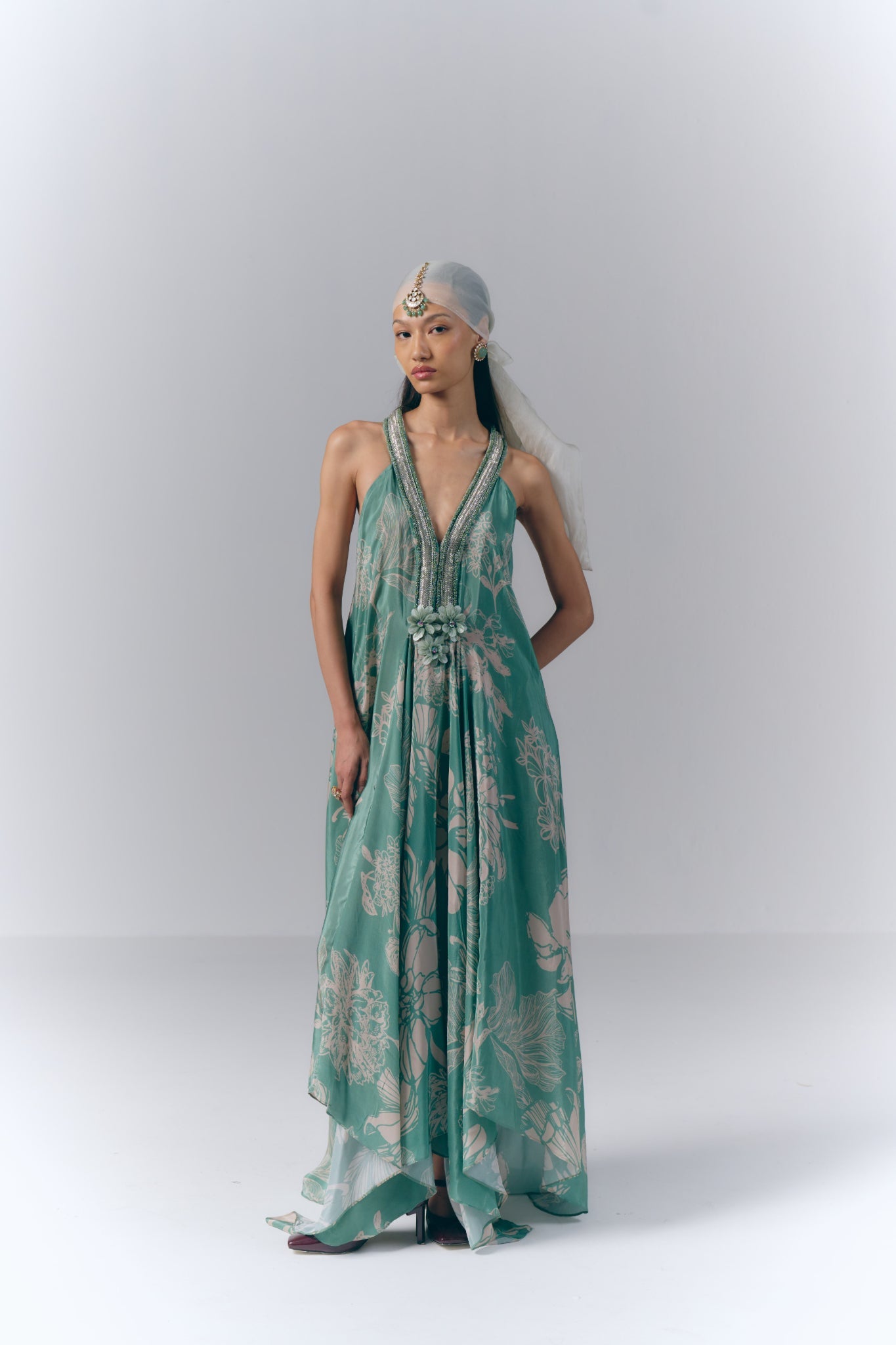 Aqua Whisper printed Long Dress