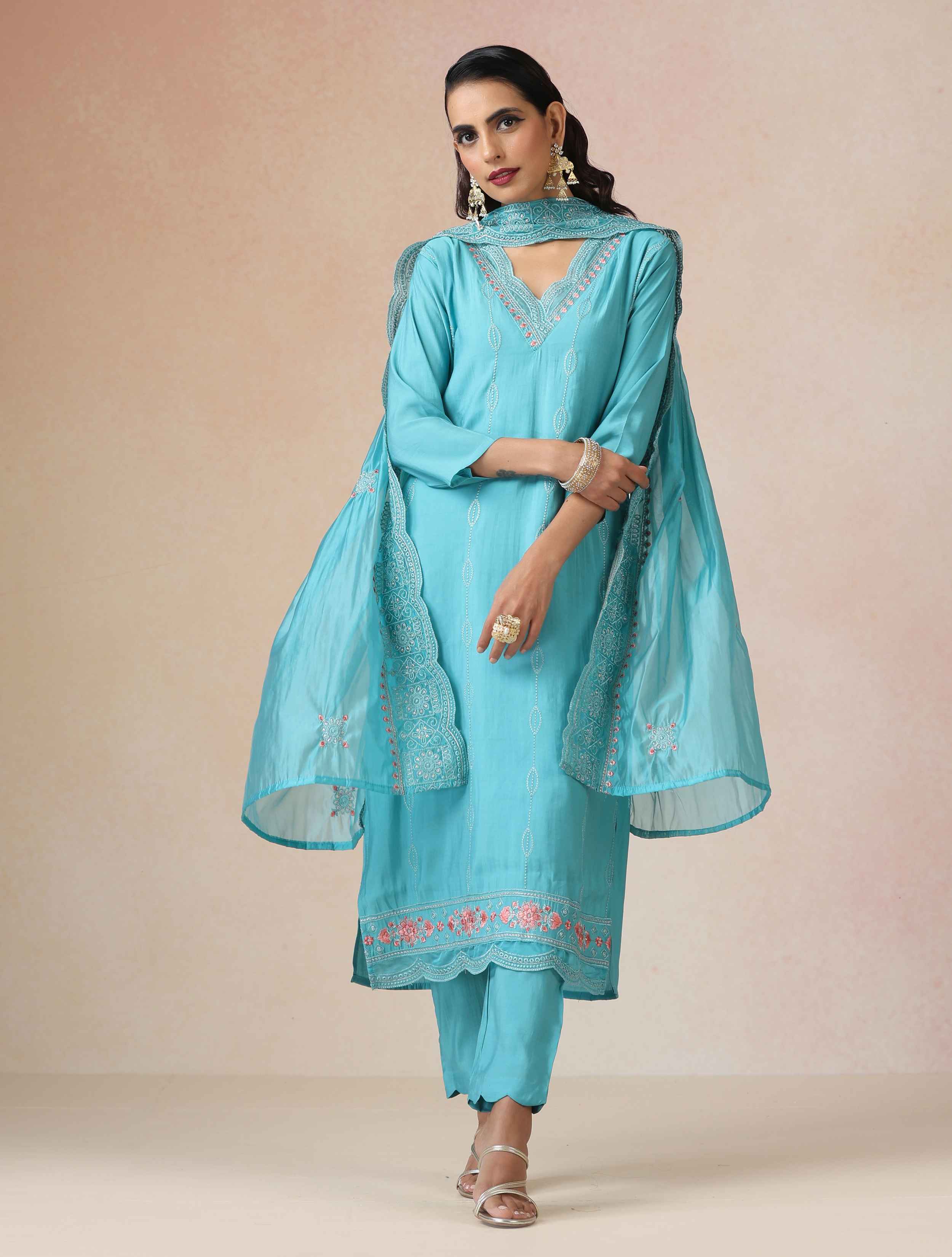 trueBrowns Blue Embroidered Kurta Pant Dupatta Set