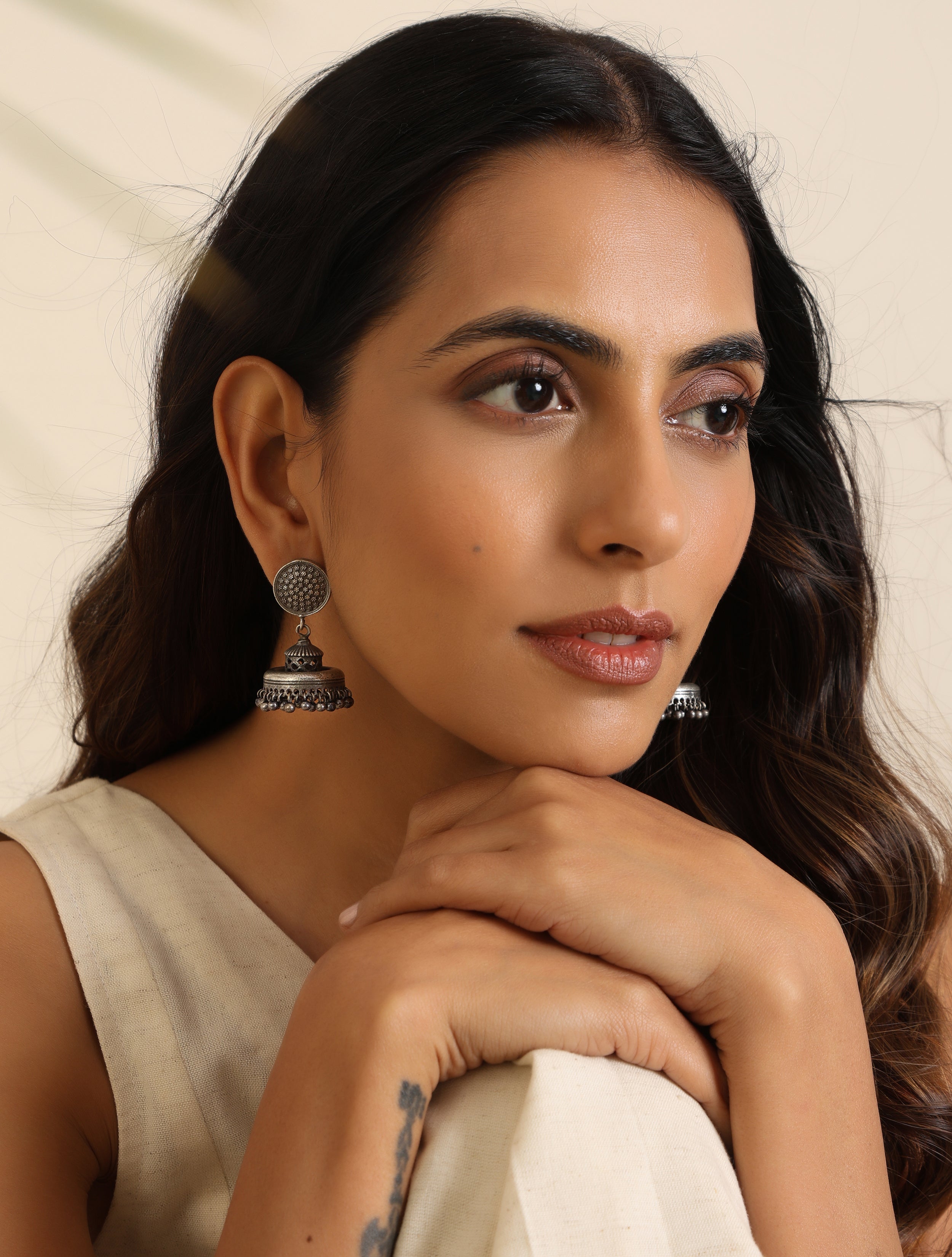 trueBrowns Silver Jaali Jhumka Earrings