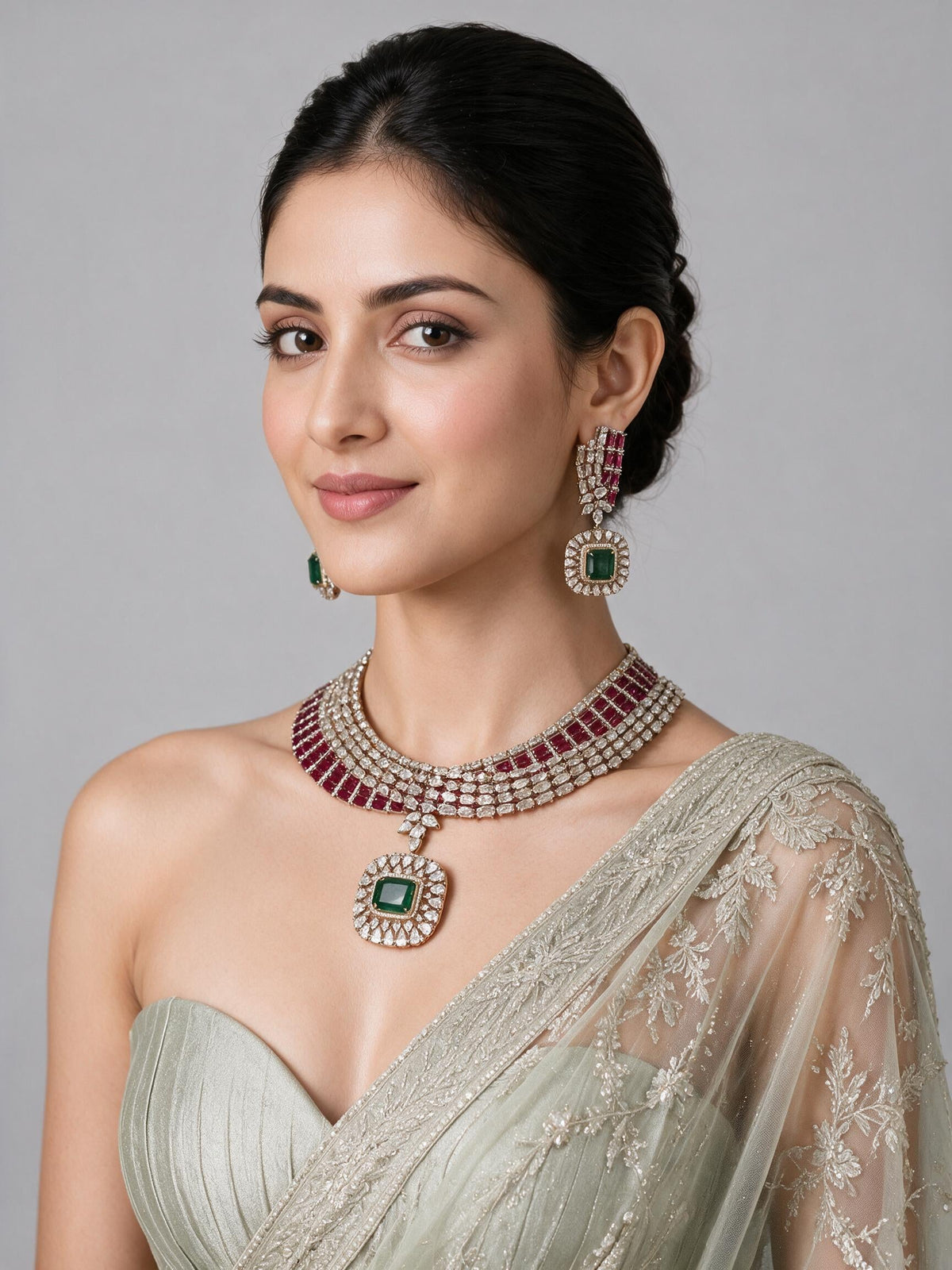 Ruby Emerald Stone Statement Necklace Set