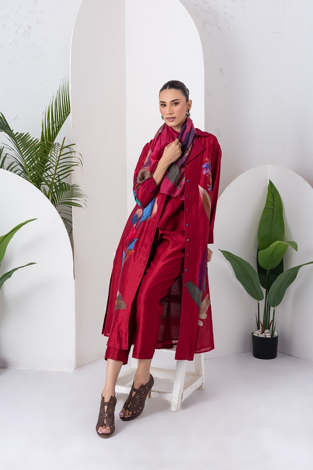Red Viscose Dupion Printed Front Open Dress Set (3 PCS)