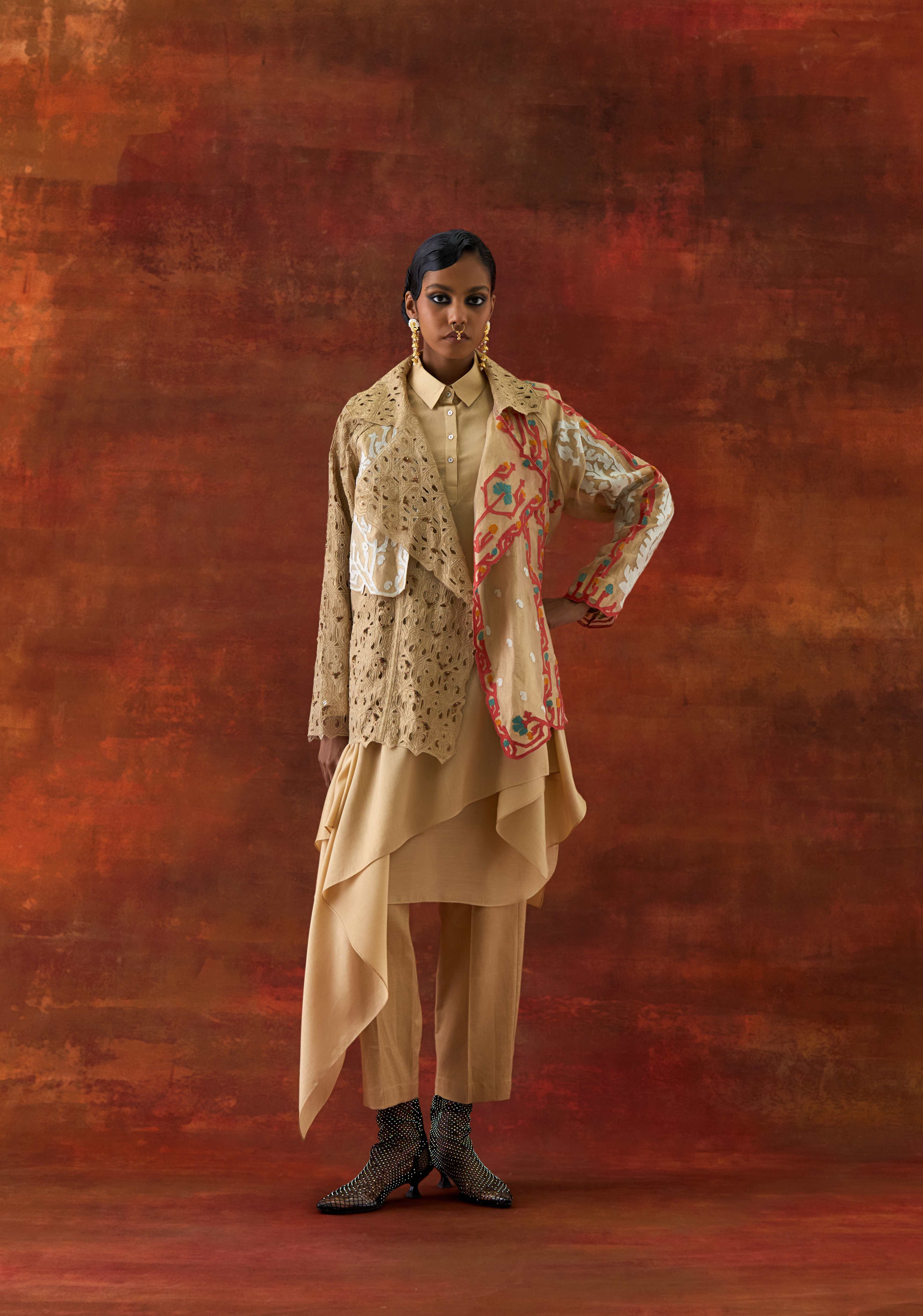 EMB ORGANZA SHORT TRENCH WITH DRAPED SHIRT AND PANTS - image 1