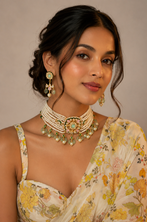 Floral Pearl Jaipuri Kundan Choker Necklace Set with Pastel Green Stone Drops