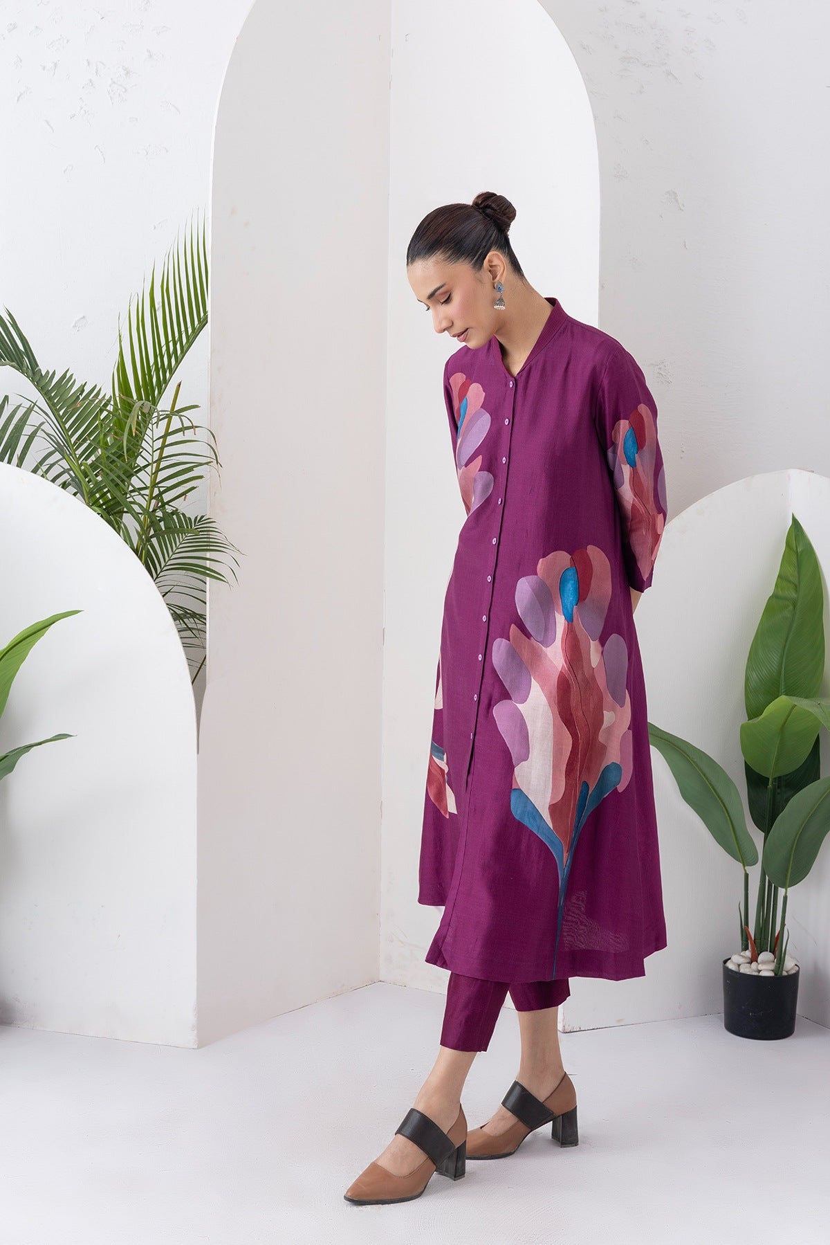 Wine Silk Chanderi Printed Dress Set (3 PCS)