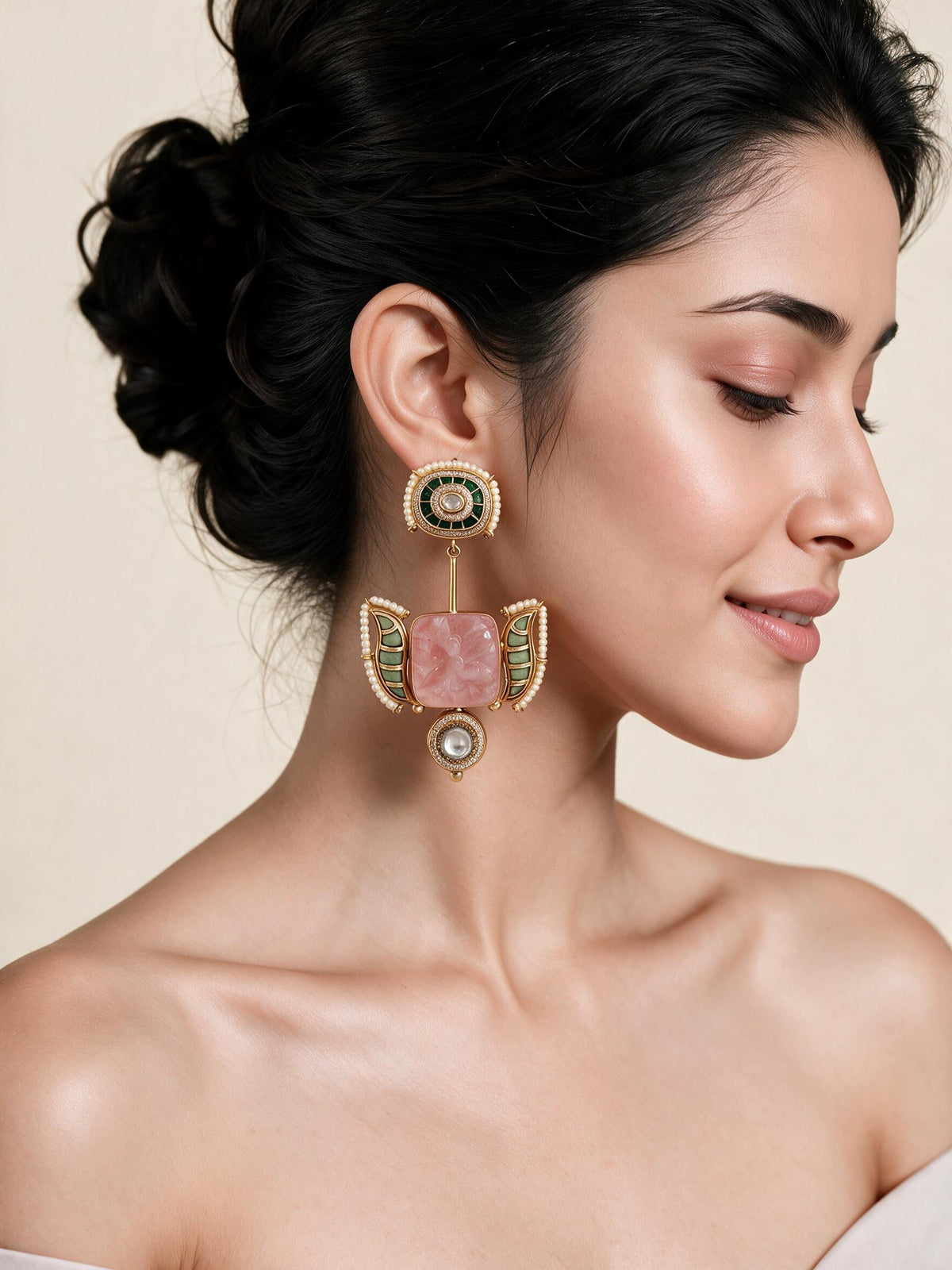 Blush Pink & Emerald Green Semi-Precious Statement Earrings