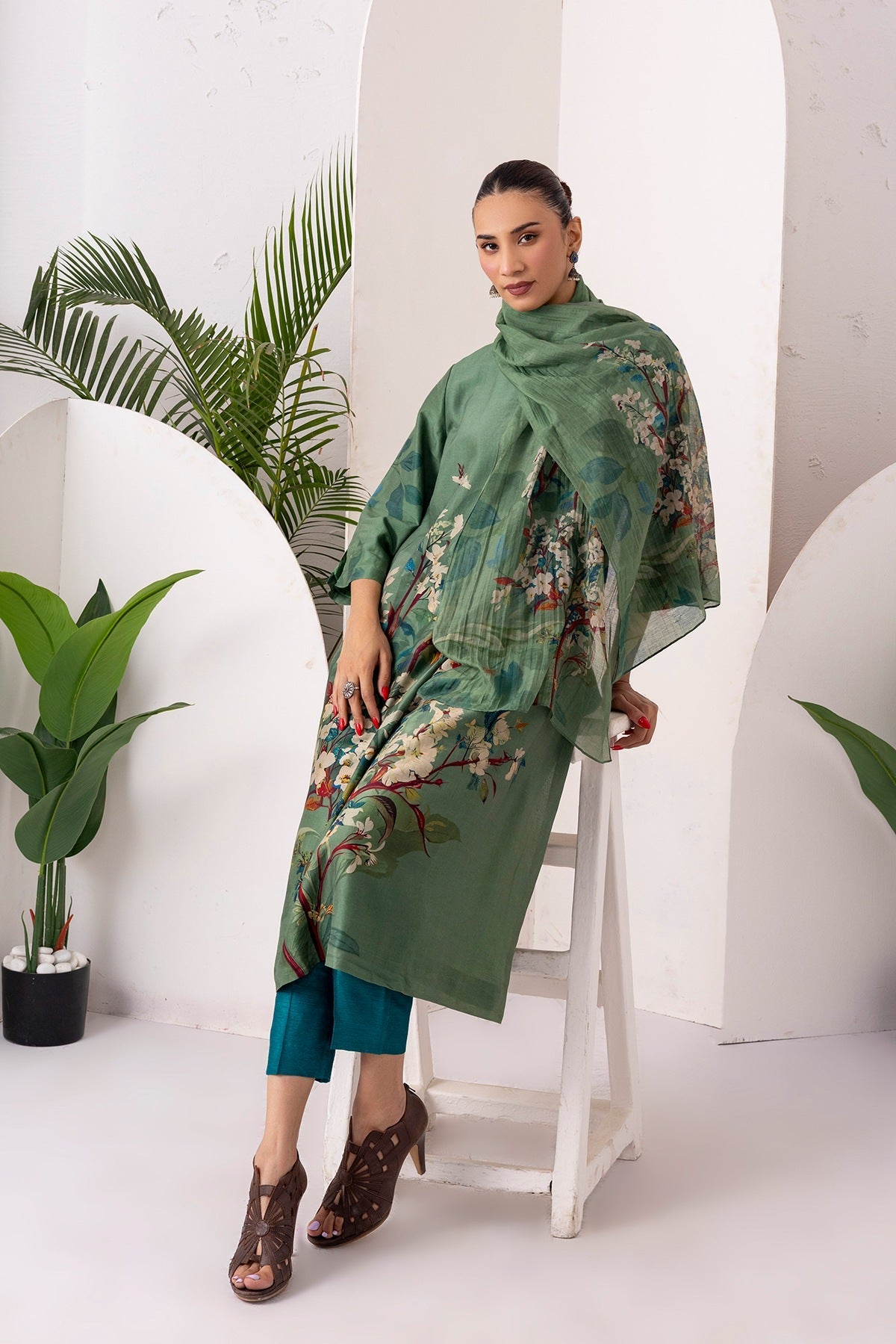 Sage Green Silk Chanderi Printed Front Pleat Tunic Set (2 PCS)