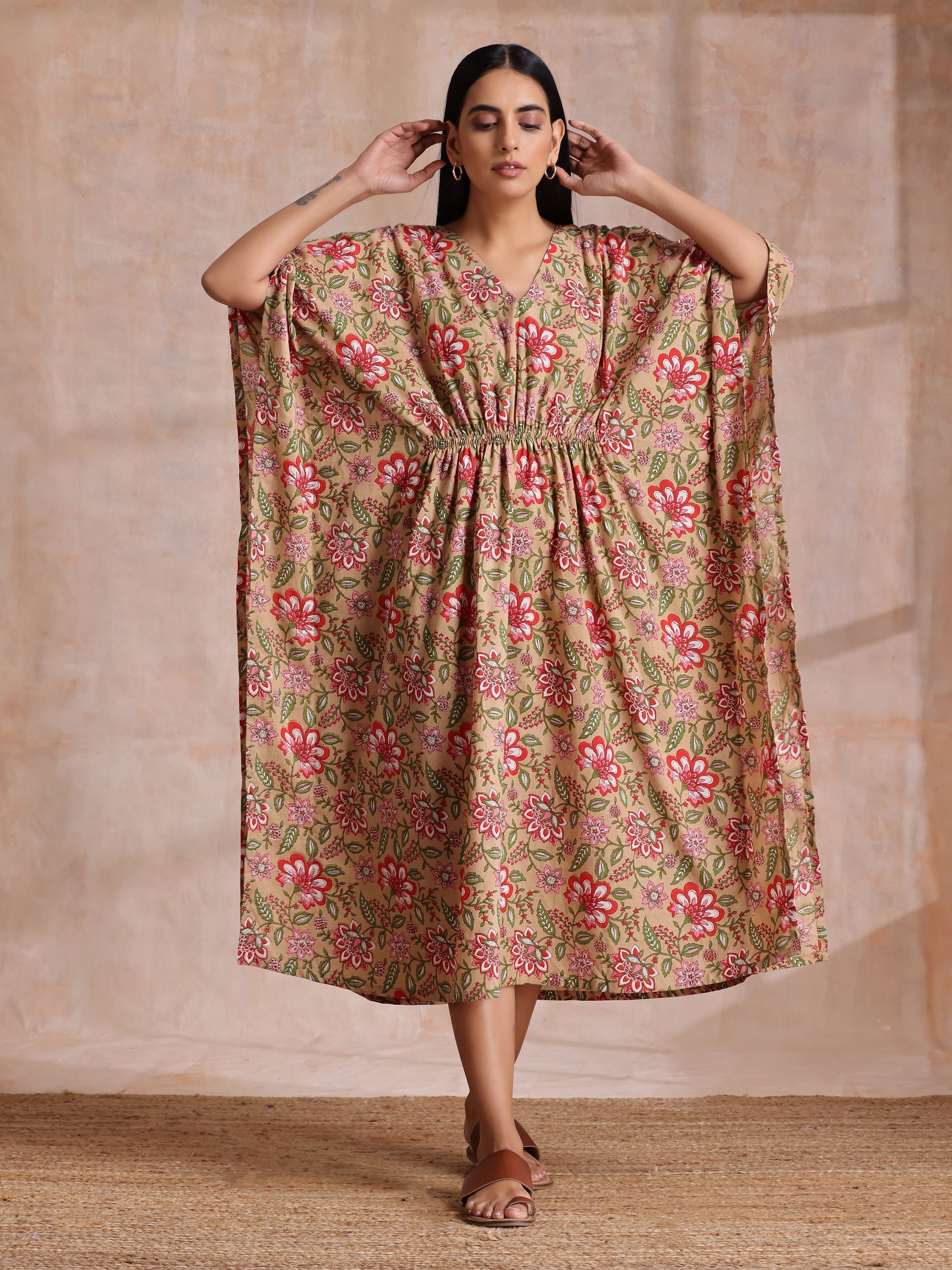 Beige Overall Big Floral Block Print Cotton Kaftan Dress