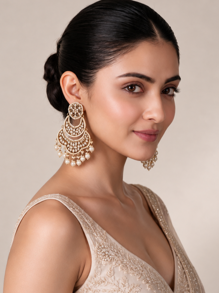 Pearl Kundan Layered Chandbali Earrings