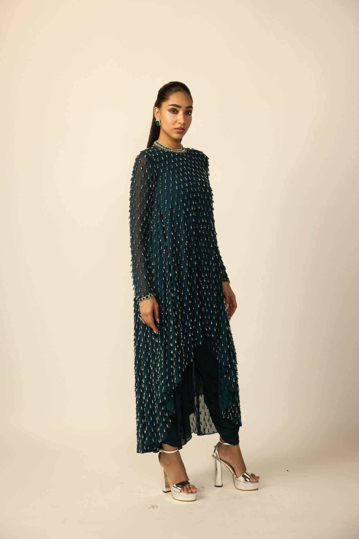 Dark Teal Silver Drop Kurta With Stole