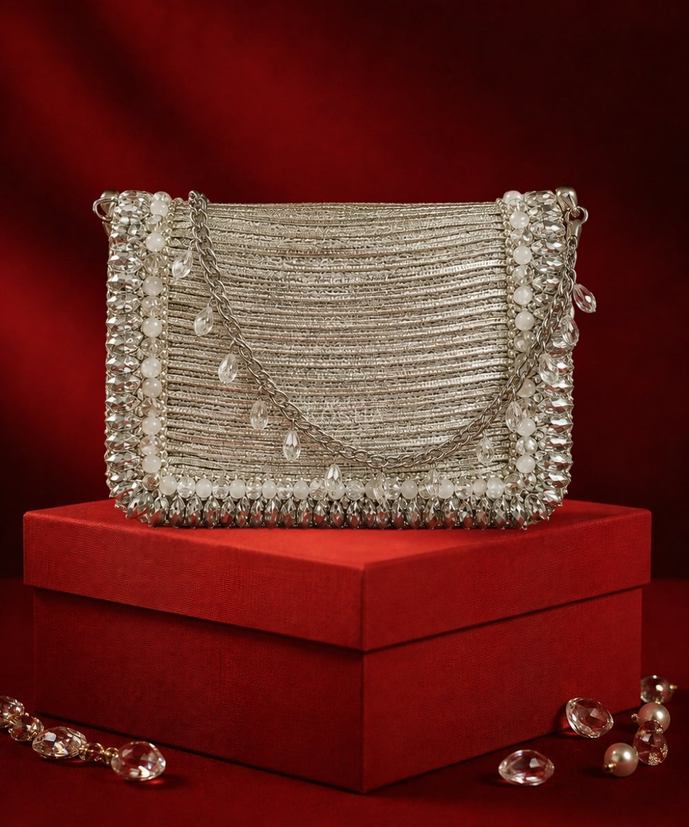 Elif Silver Georgette Embellished Clutch