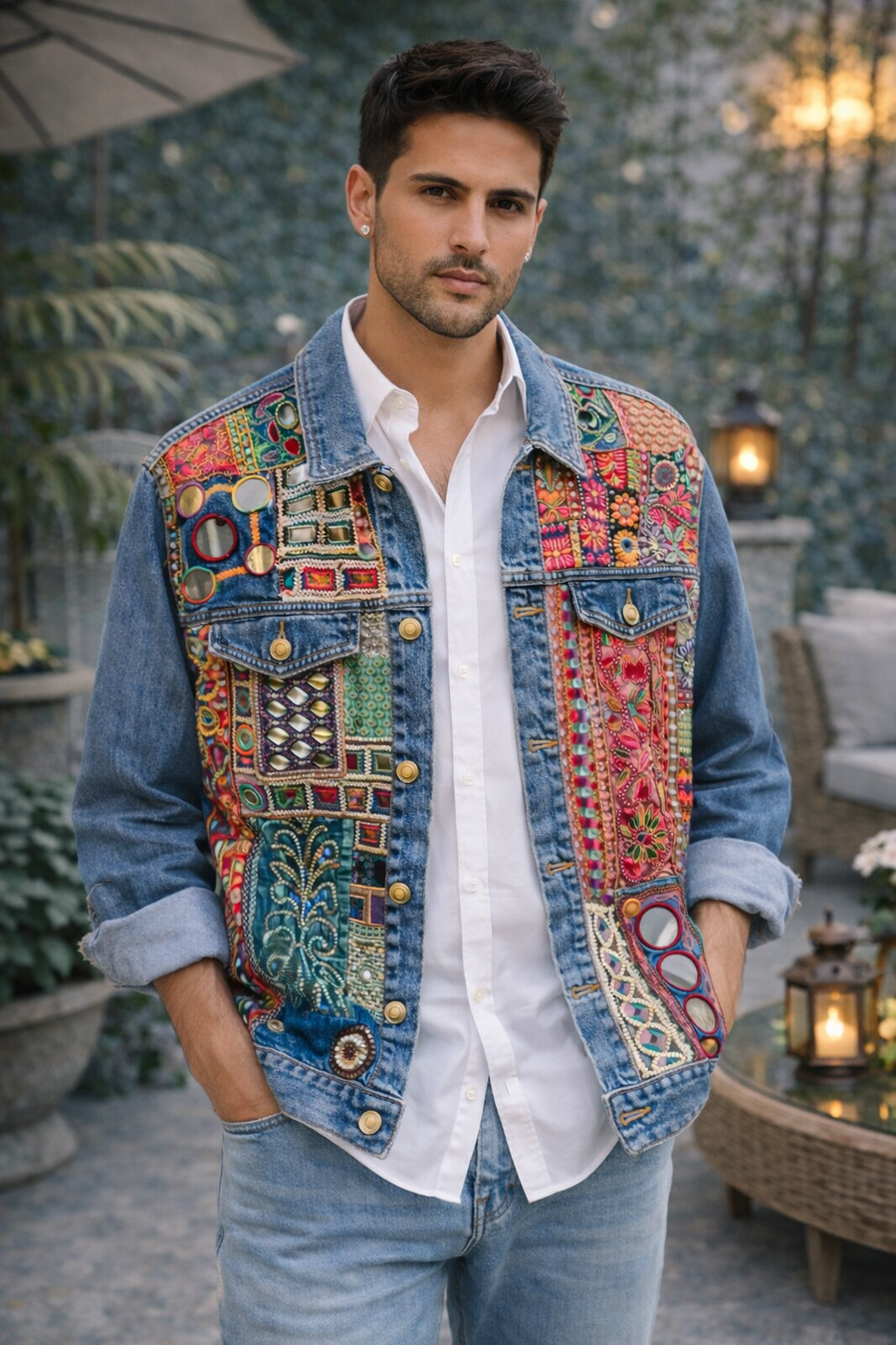 Roots & Mirrors Artisan Patchwork Denim Jacket - Luxury Statement Piece