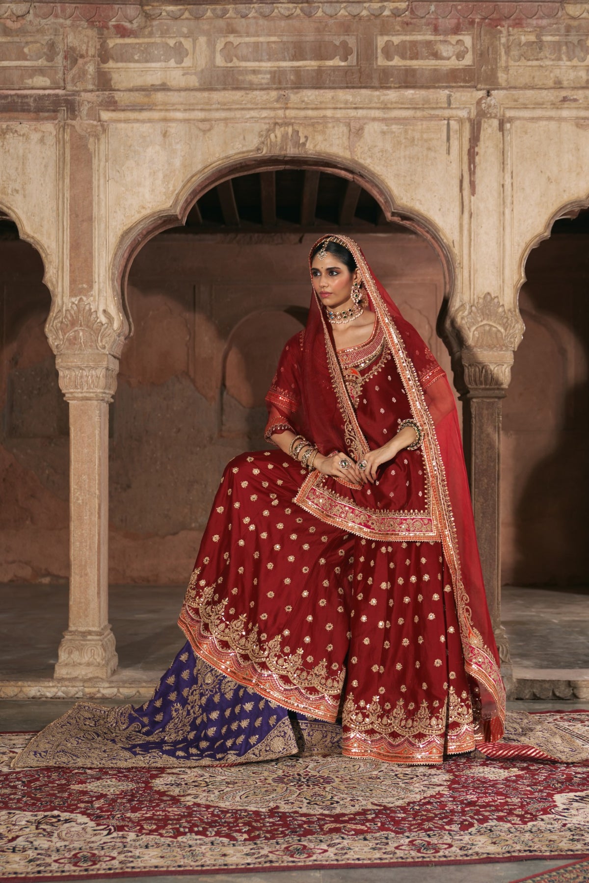 Deep Red Banarasi Short Kurta and Sharara Set with Dupatta