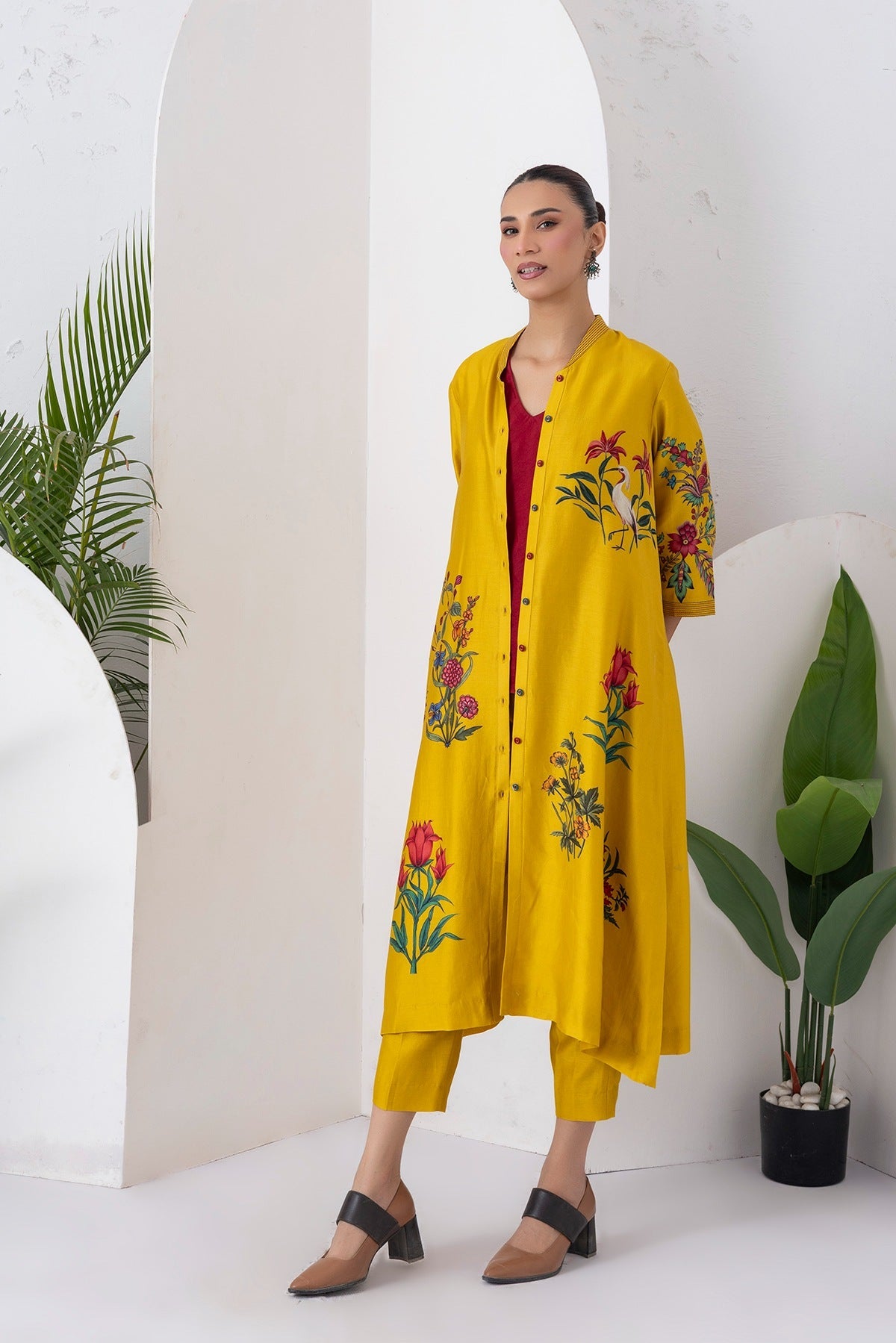 Yellow Silk Chanderi Floral Printed Front Open Dress Set (3 PCS)