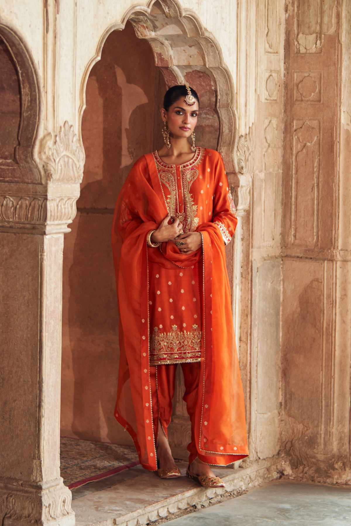 Burnt Orange Chanderi Silk Short Kurta with Dhoti Salwar Set