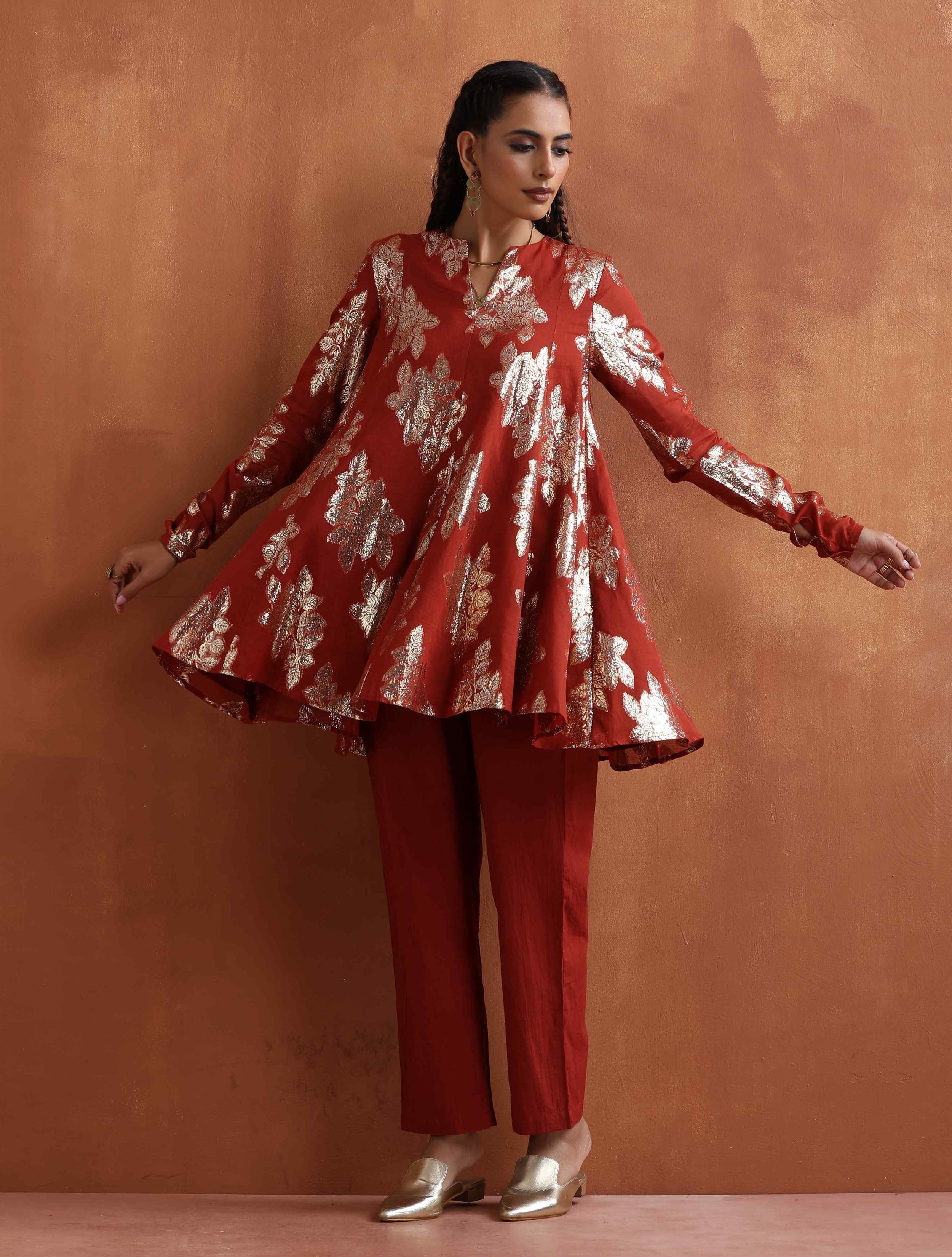 trueBrowns Rust Metallic Flared Arkali Co-ord Set