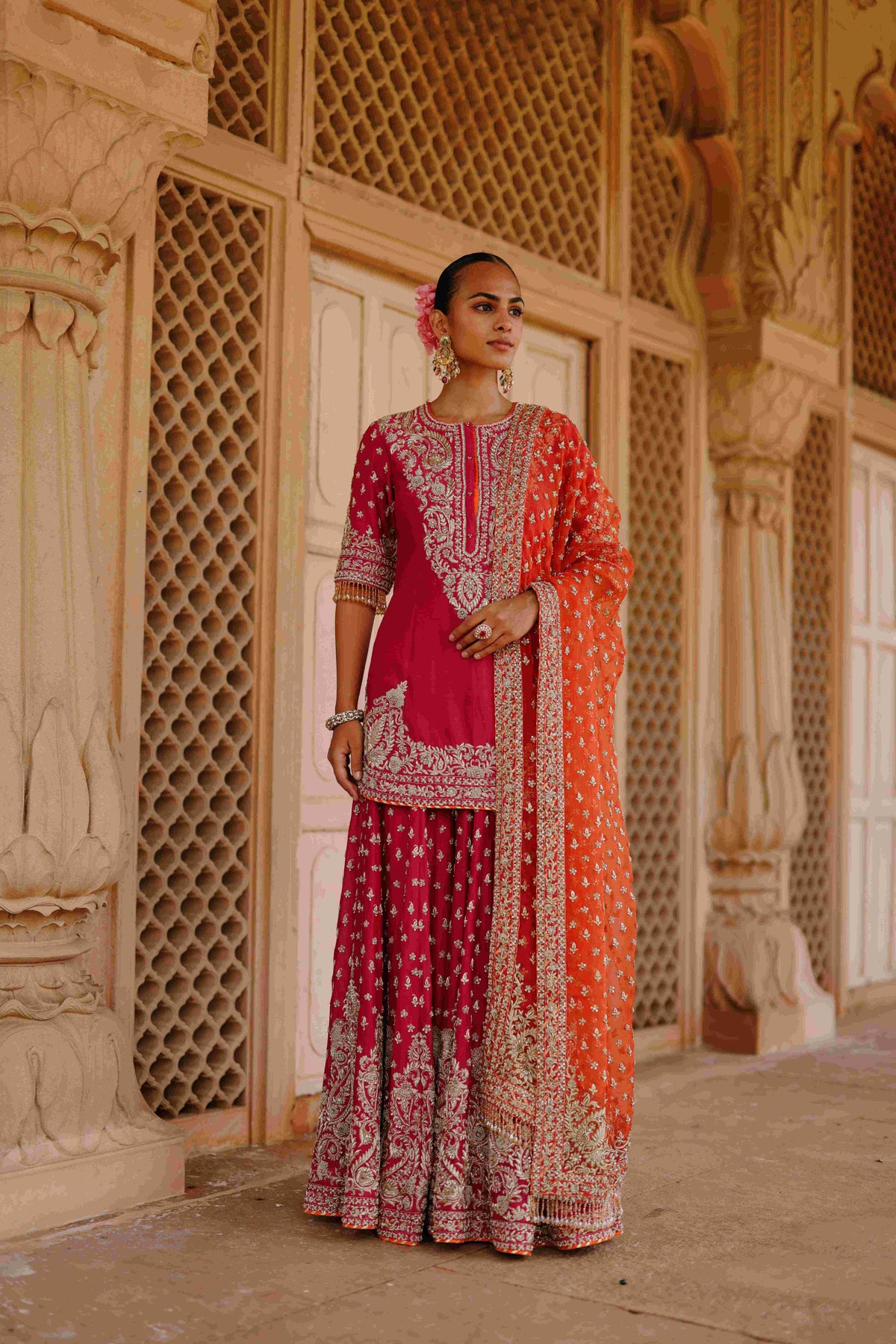 Hot Pink Embroidered Kurta Sharara Set with Organza Dupatta
