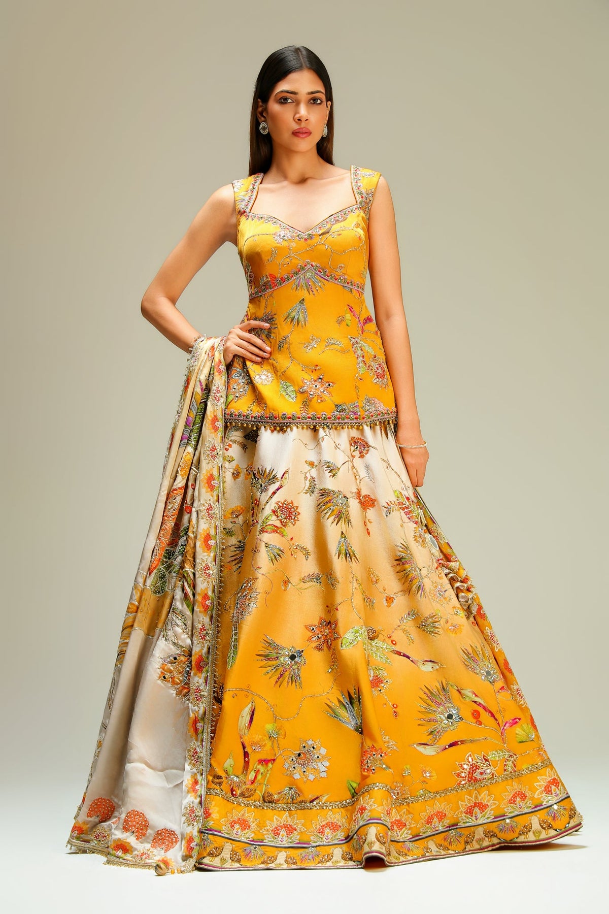 Ivory & Purple Embroidered Tissue Jacquard Lehenga Set