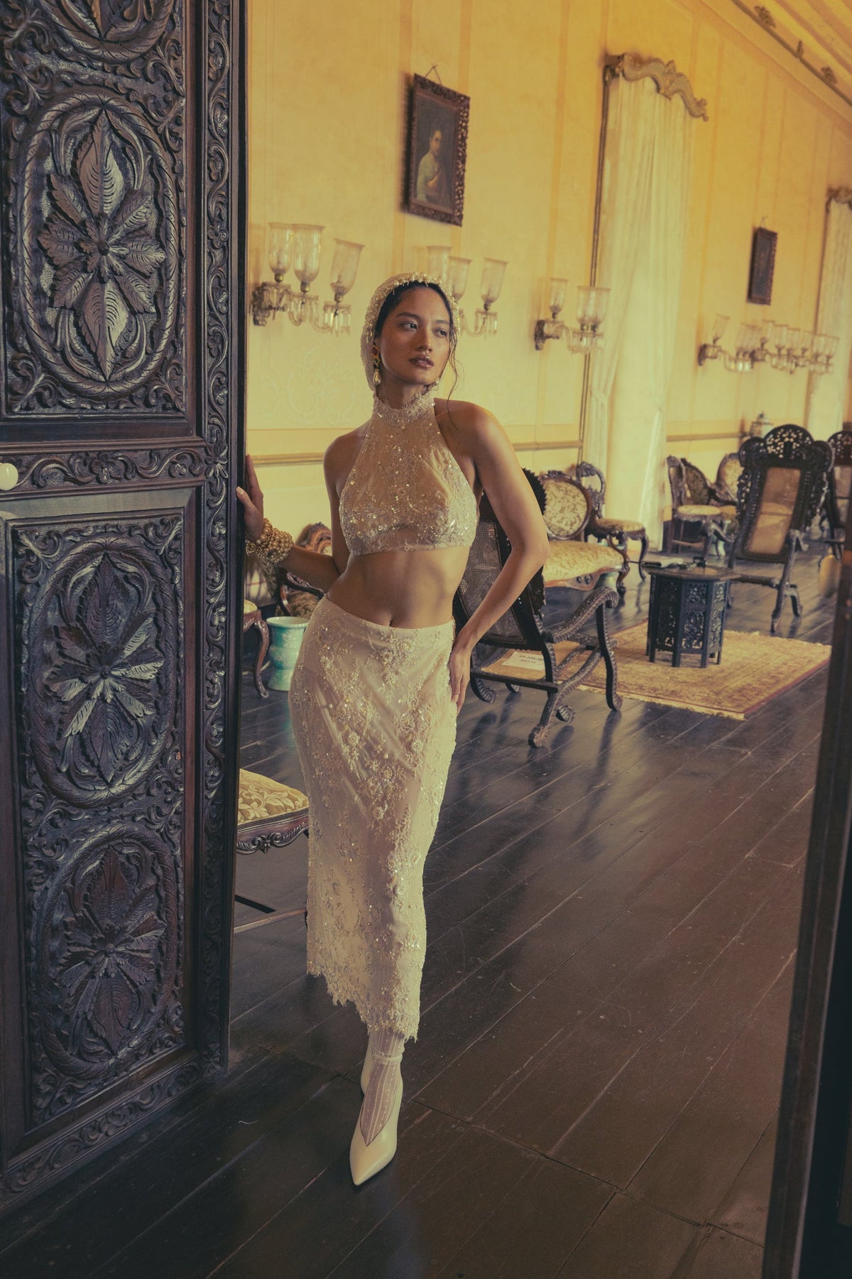 Oyster, Bugle Bead Embroidery, Vintage Lace & Tulle, Crop Skirt Set, Tea-Length Silhouette