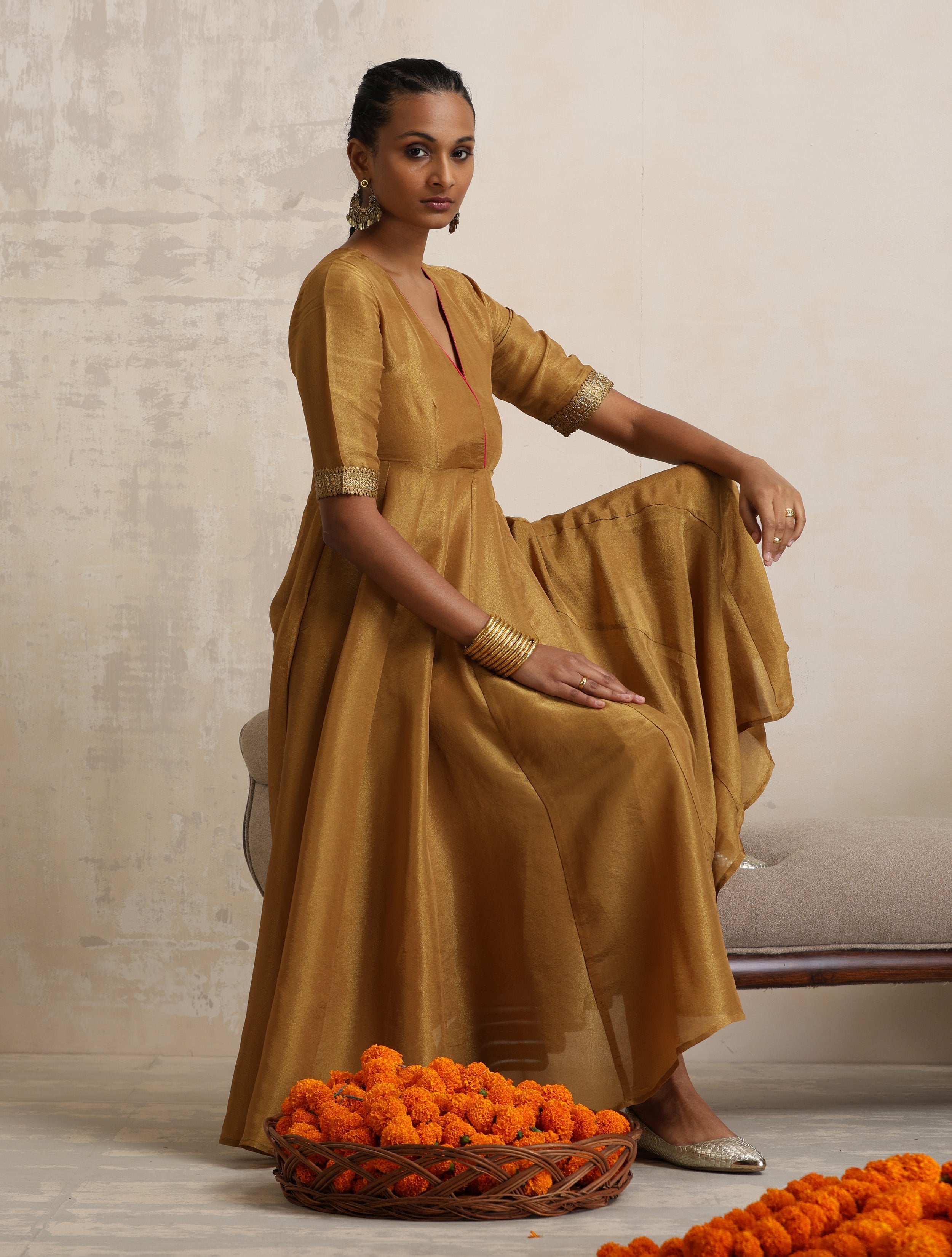 trueBrowns Gold Tissue Flared Arkali Kurta Set