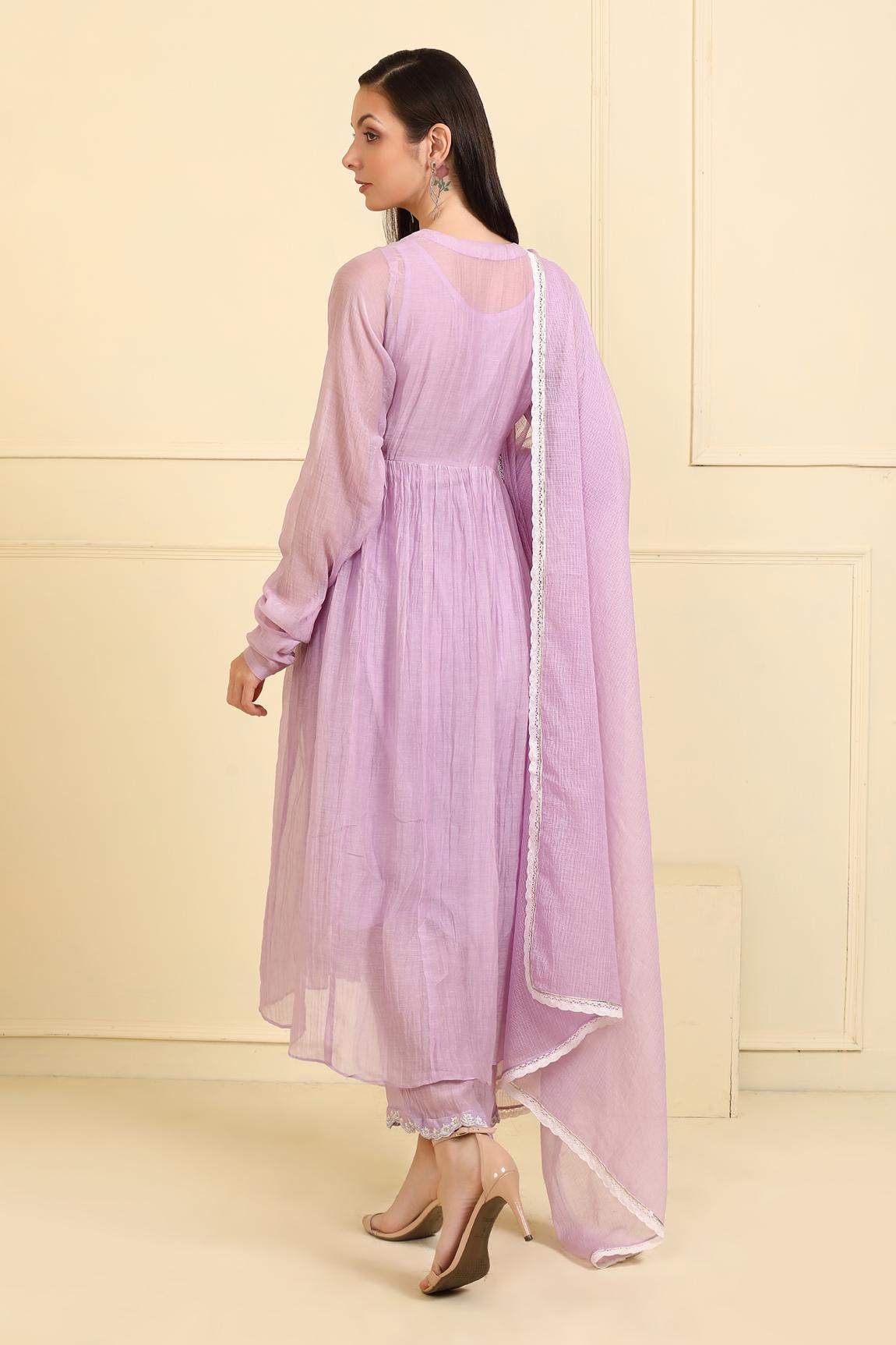 Purple Chanderi Silk Neckline Embroidered Kurta Pant Set