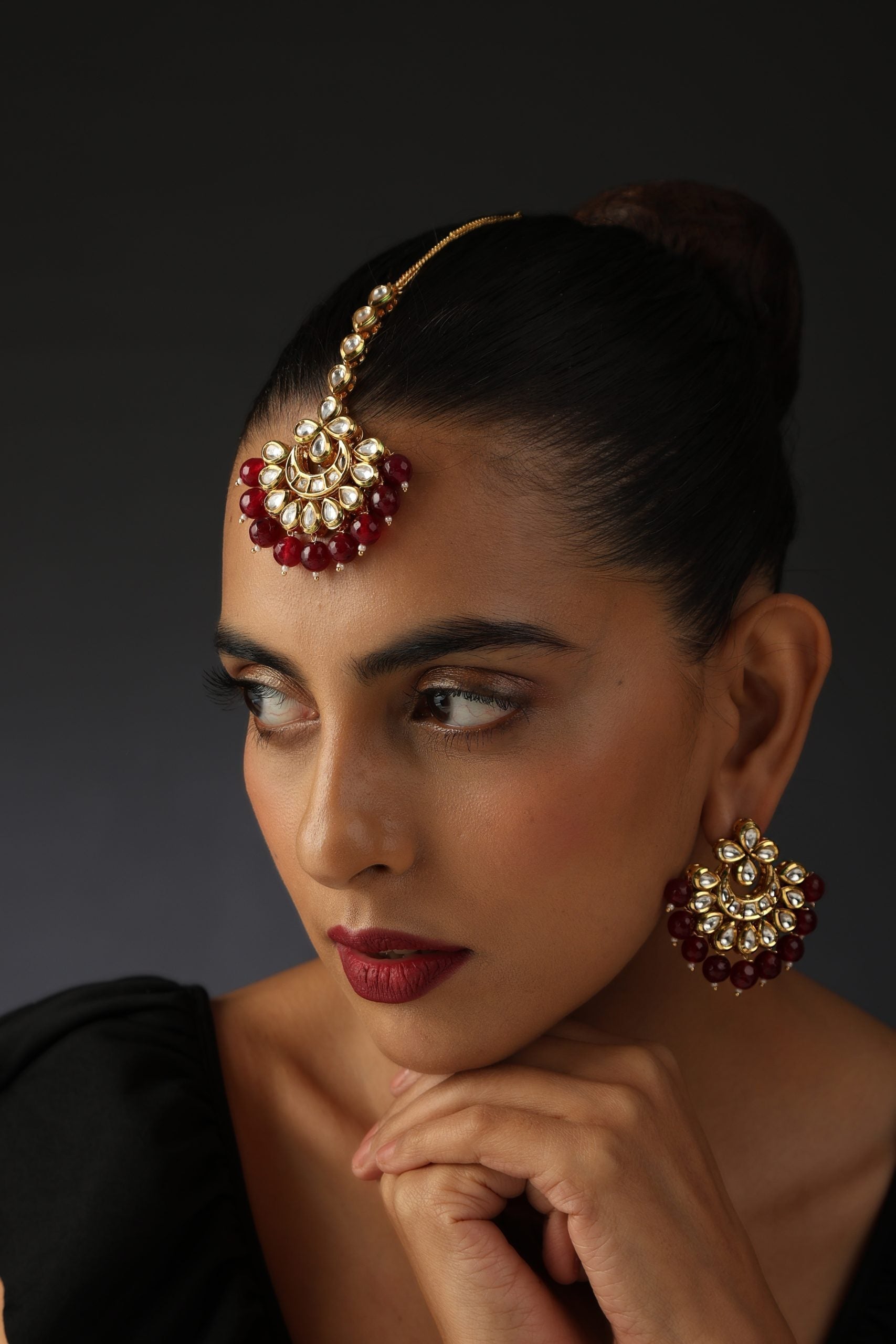 Red Gold Tone Kundan Chandbali Earrings and Tikka