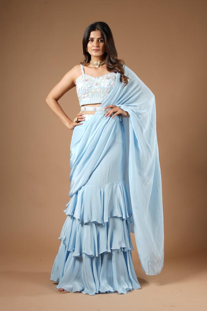 Powder Blue Viscose Ruffled Saree Set