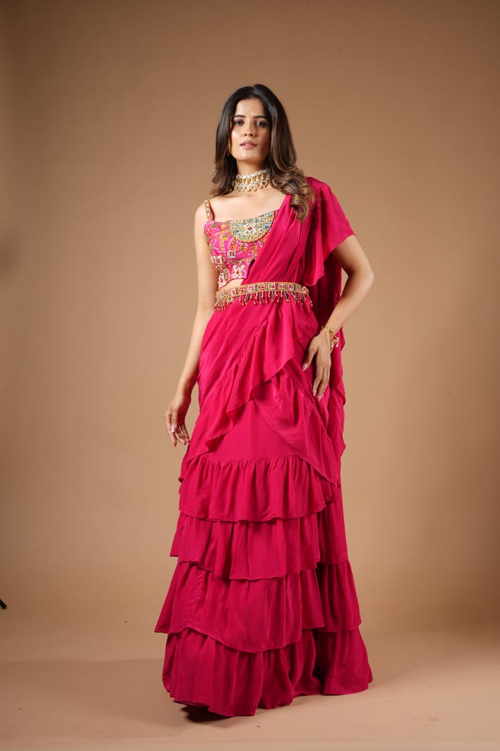 Ruby Pink Viscose Ruffled Saree Set