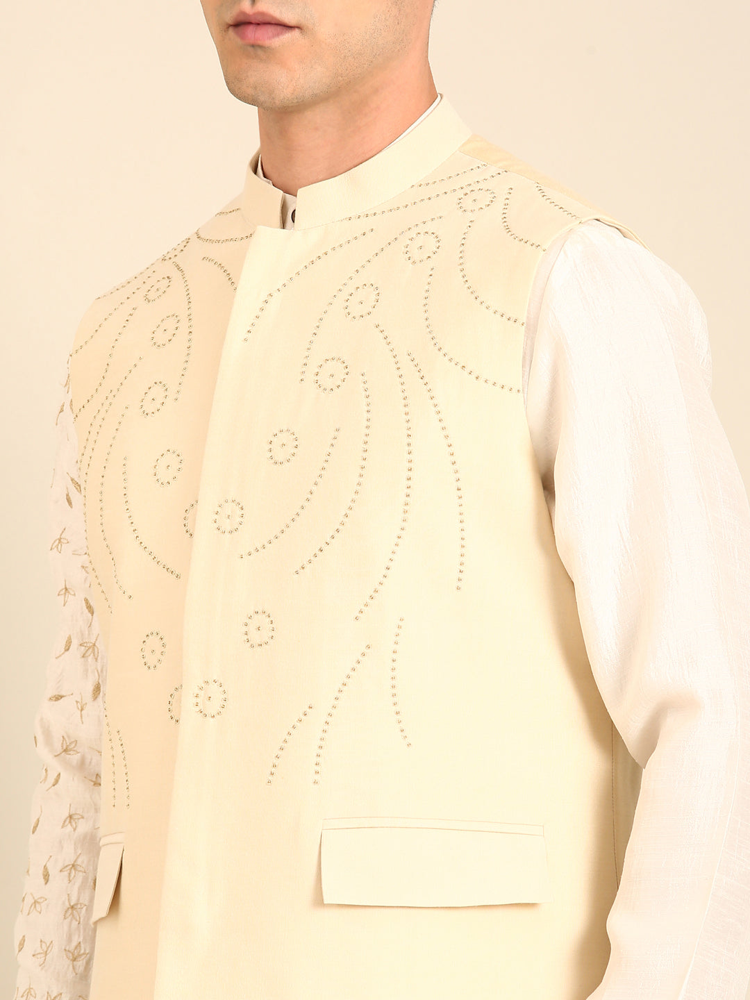 Beige Silk Cotton Nehru Jacket