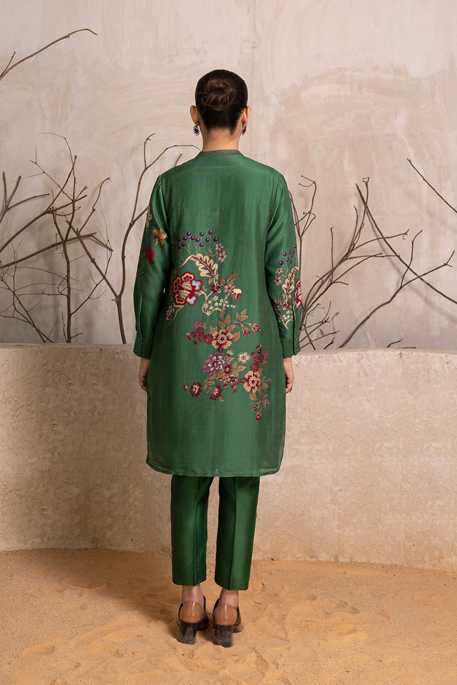 Green Silk Chanderi Floral Printed Shirt Style Tunic (1 PC)