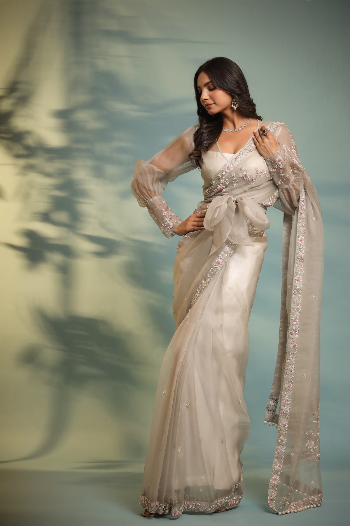 Image of Haseena frost grey ruffle saree & wrap blouse set