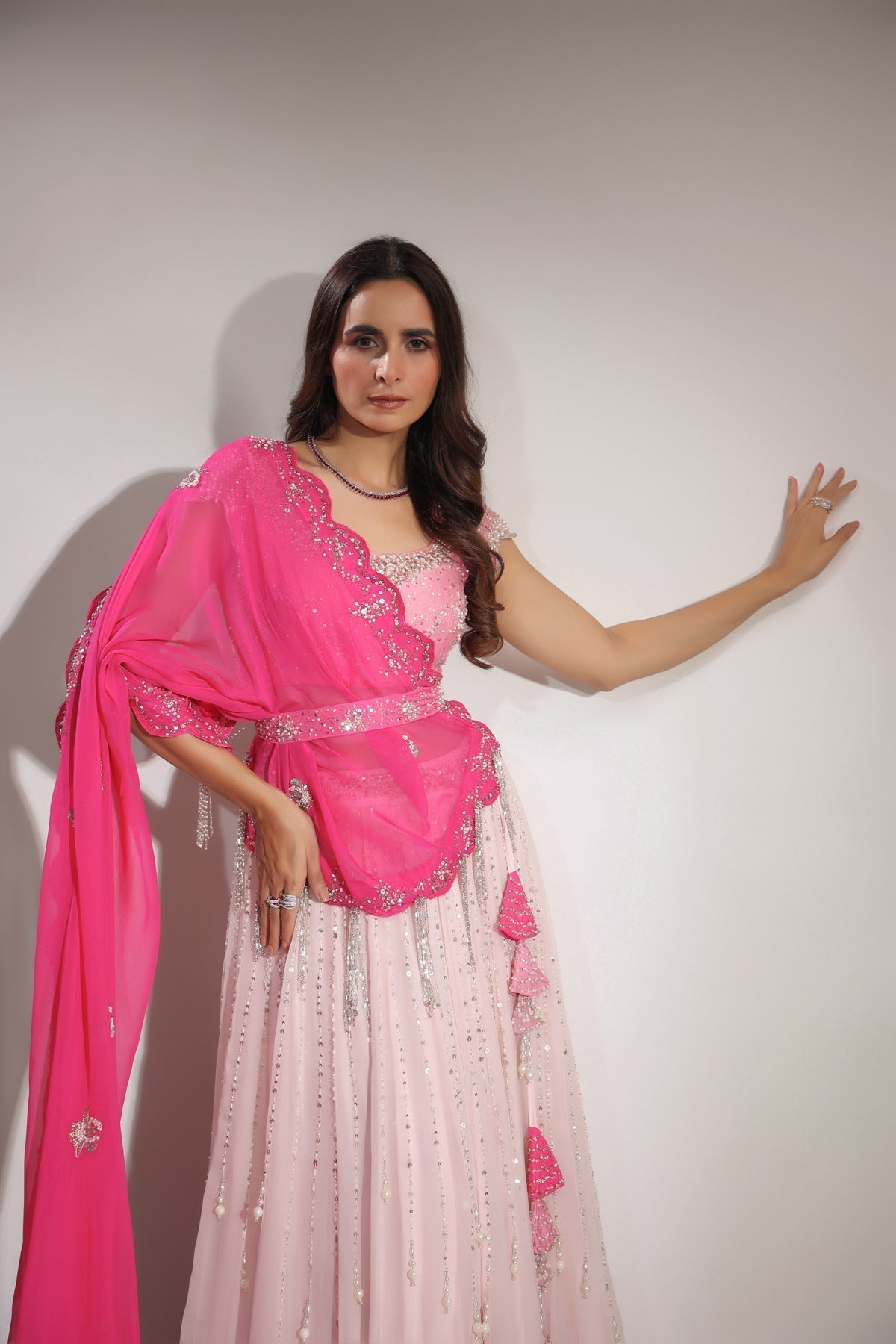 Image of Haseena baby pink pearl droplet lehenga set