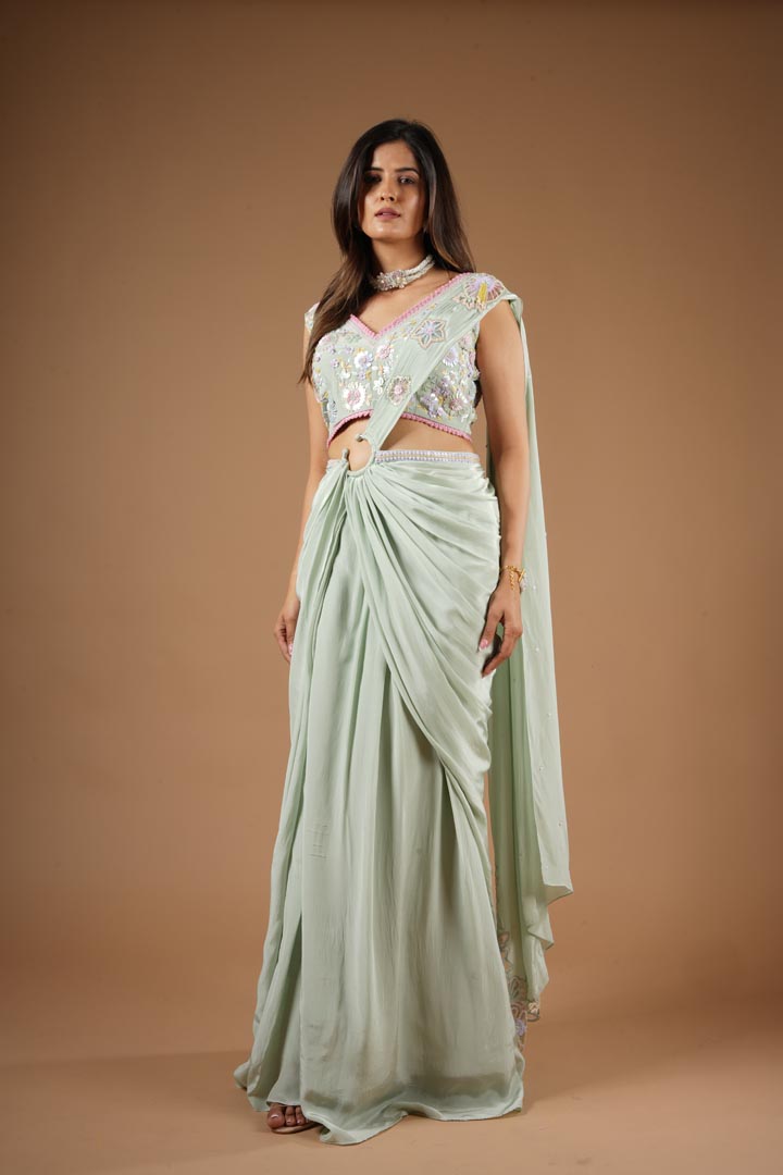 Pistachio Green Viscose Hand Embroidered Lehenga Saree Set