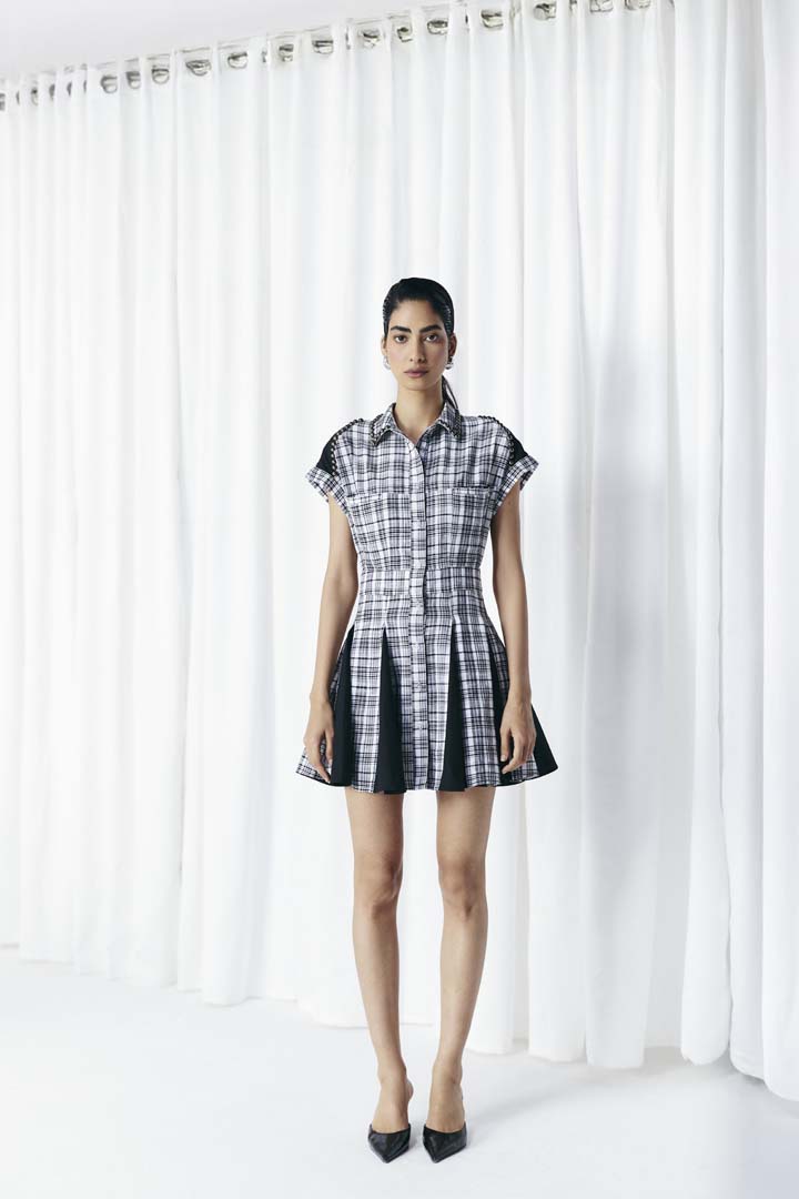 CHECK & SOLID PANEL STUDDED DRESS
