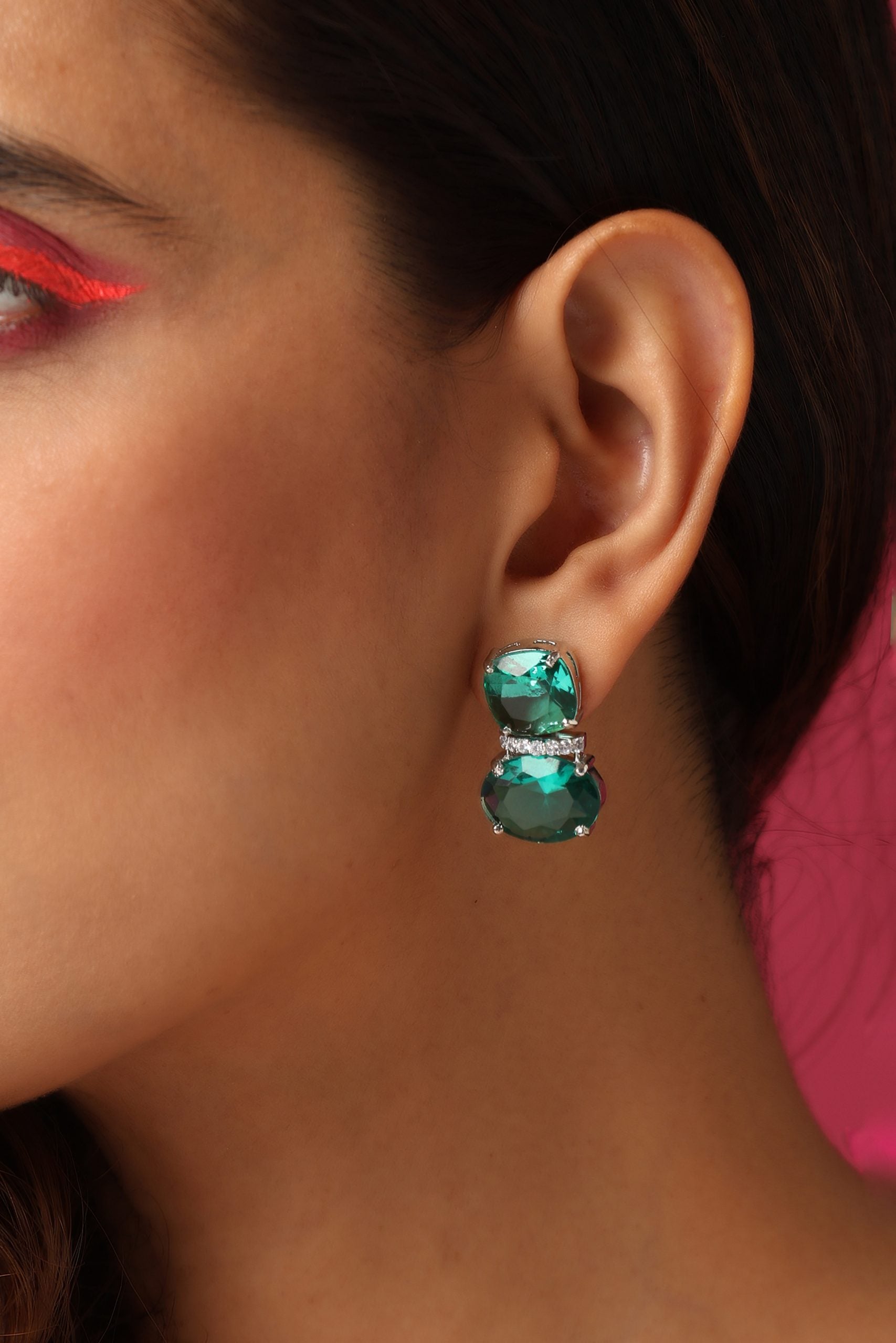 Emerald Silver Tone Zirconia Stud Earrings