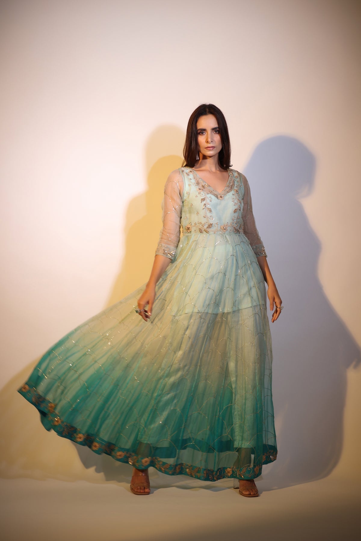 Image of Haseena aqua green ombre organza anarkali set