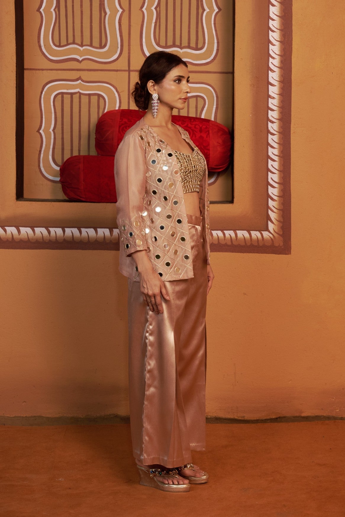 Mirror work Bustier with hand embroidered jacket and pants