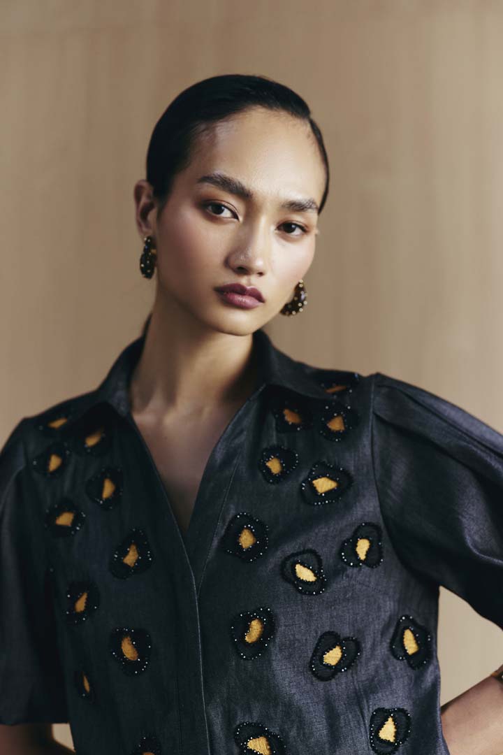 BLACK DENIM EMBELLISHED DRESS