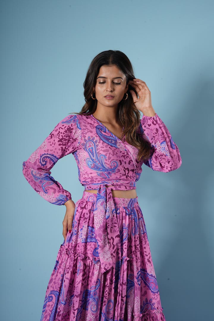 Flamingo Pink Georgette Digital Printed Skirt Set