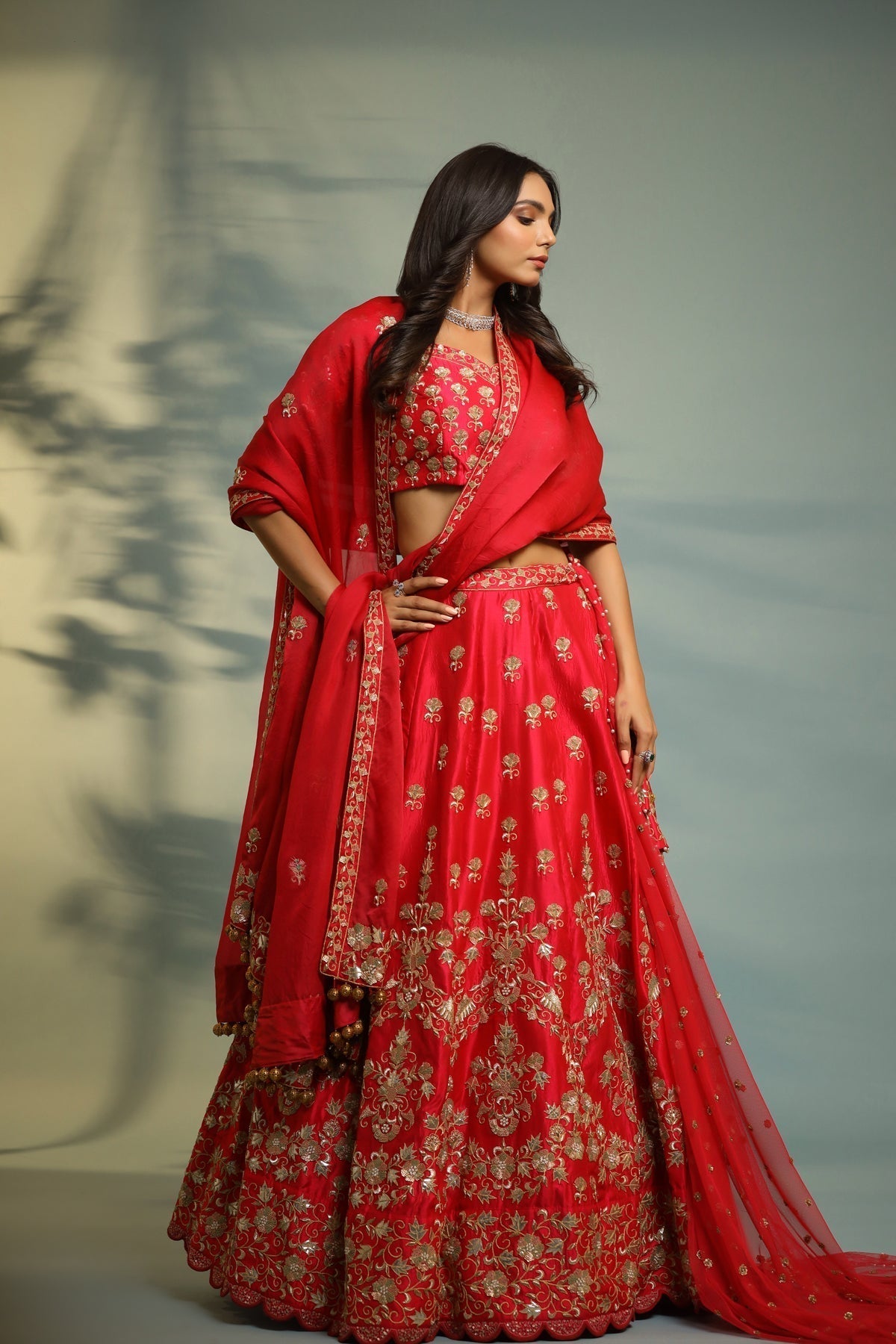 Image of Haseena scarlet red bride to be lehenga set