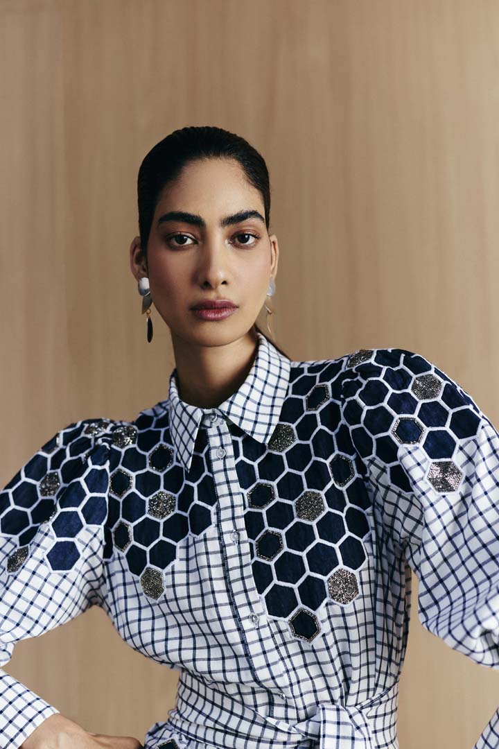 CHECK EMBELLISHED SHIRT DRESS