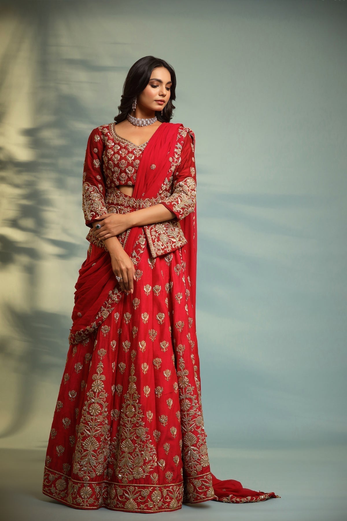 Image of Haseena crimson red structured peplum lehenga set