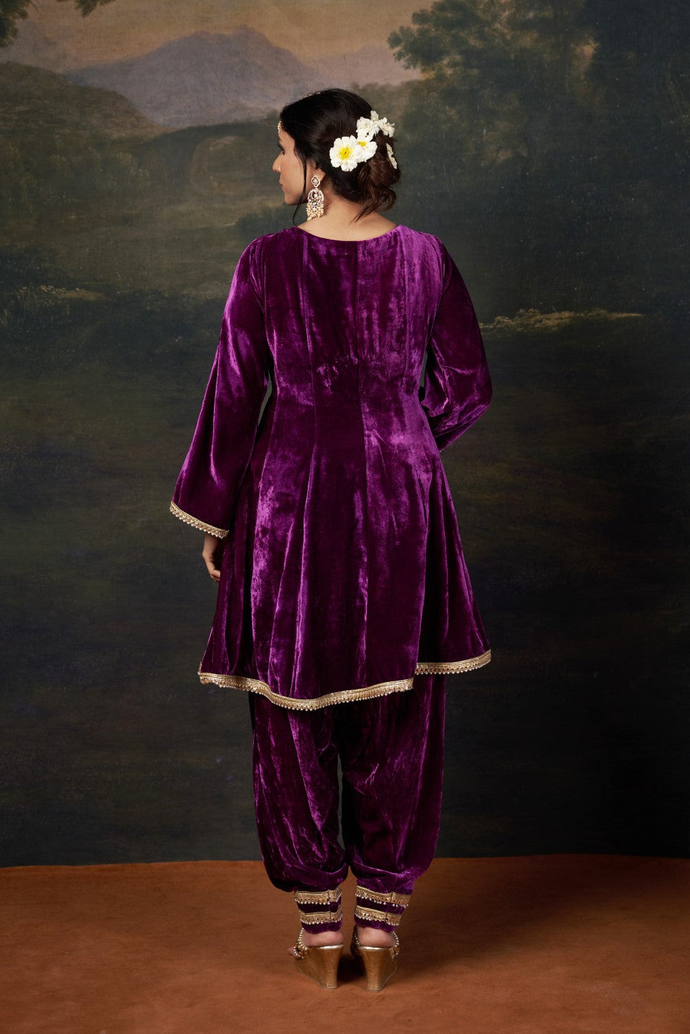 Hand-Embroidered Velvet Purple Kalidar Anarkali Set