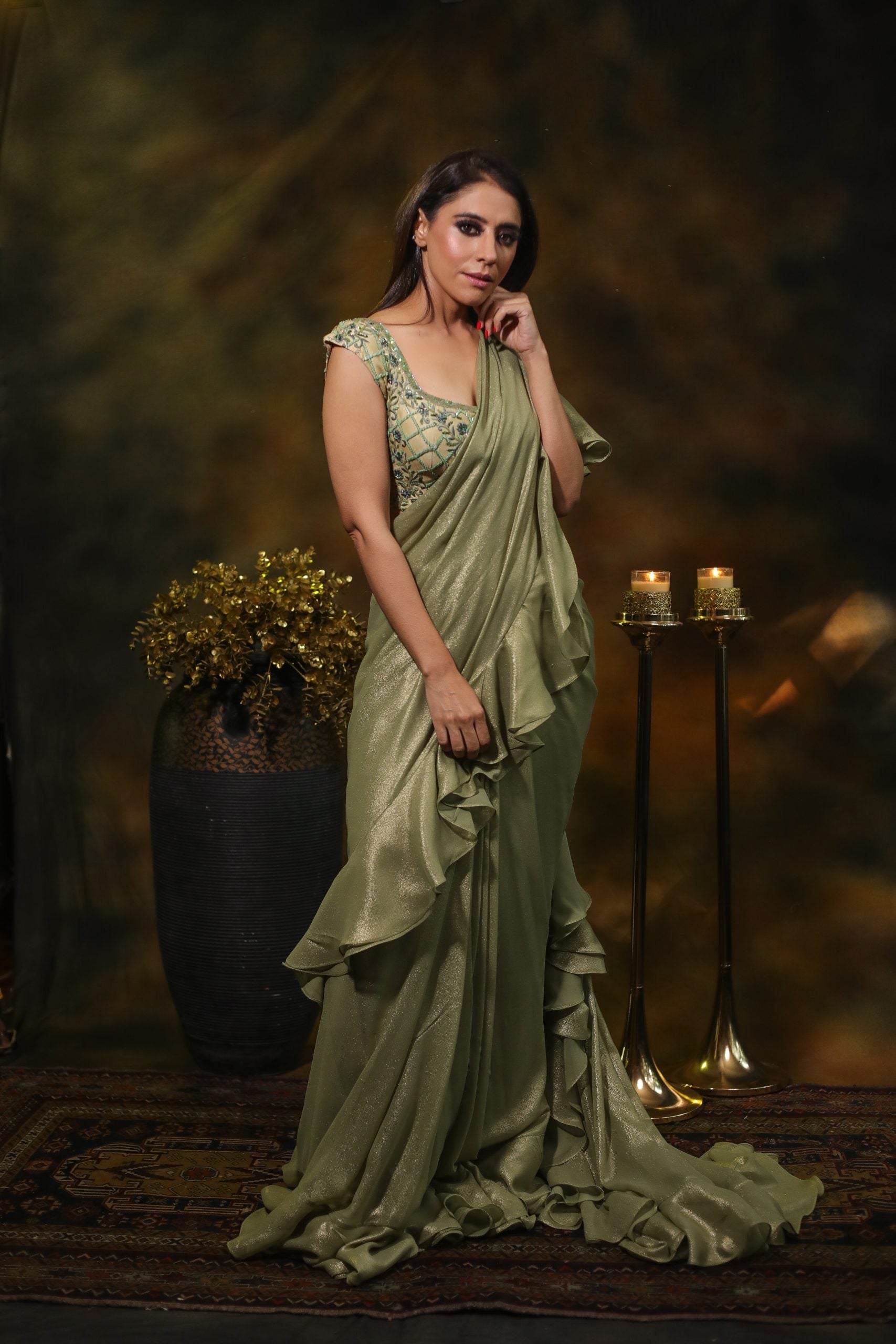 Image of SAGE EMBROIDERED SAREE IN SHIMMER